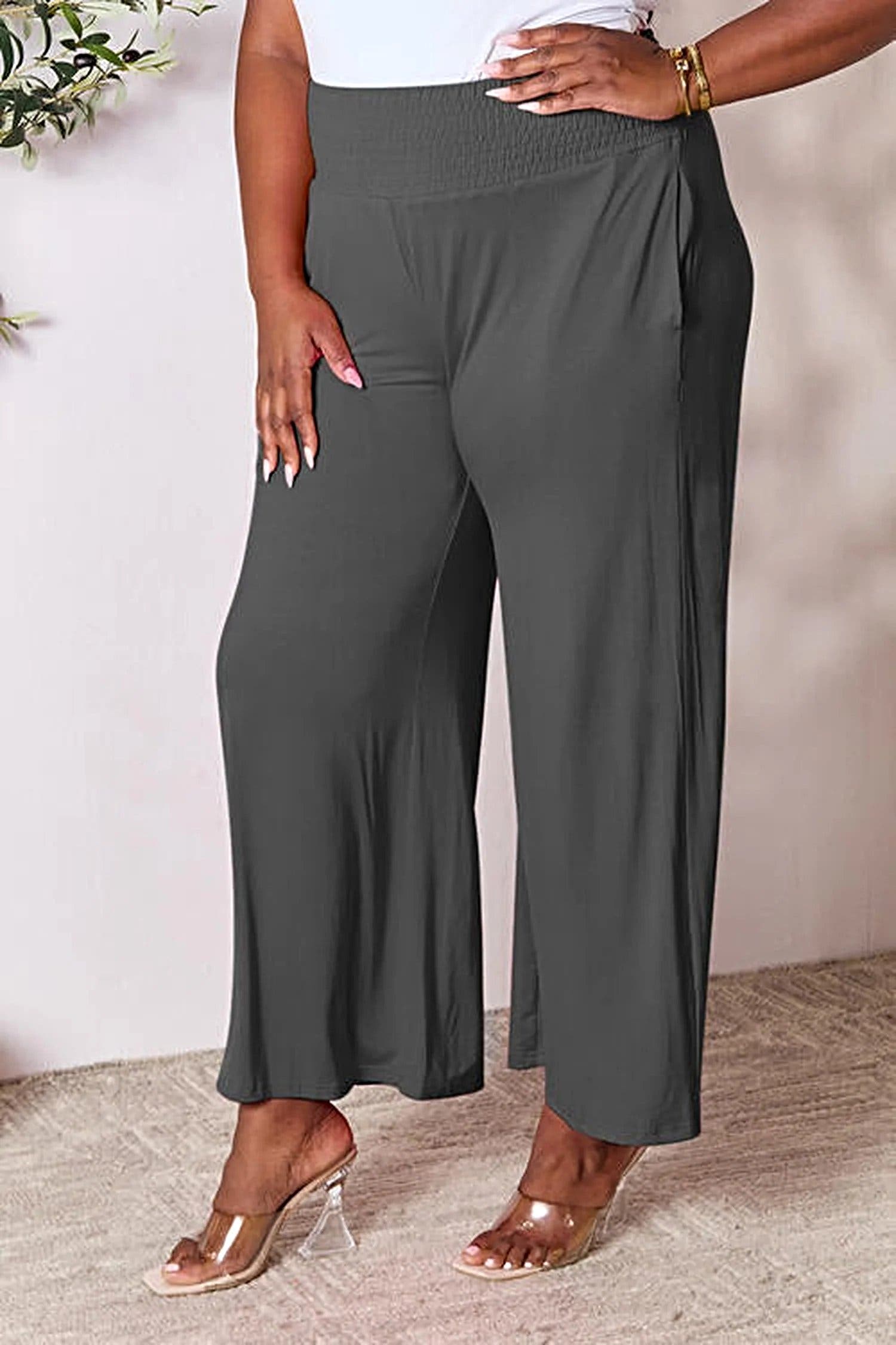 Elegant Wide Leg Pants with Smocked Waistband - Opaque Comfort in Sizes S-3XL Trendsi