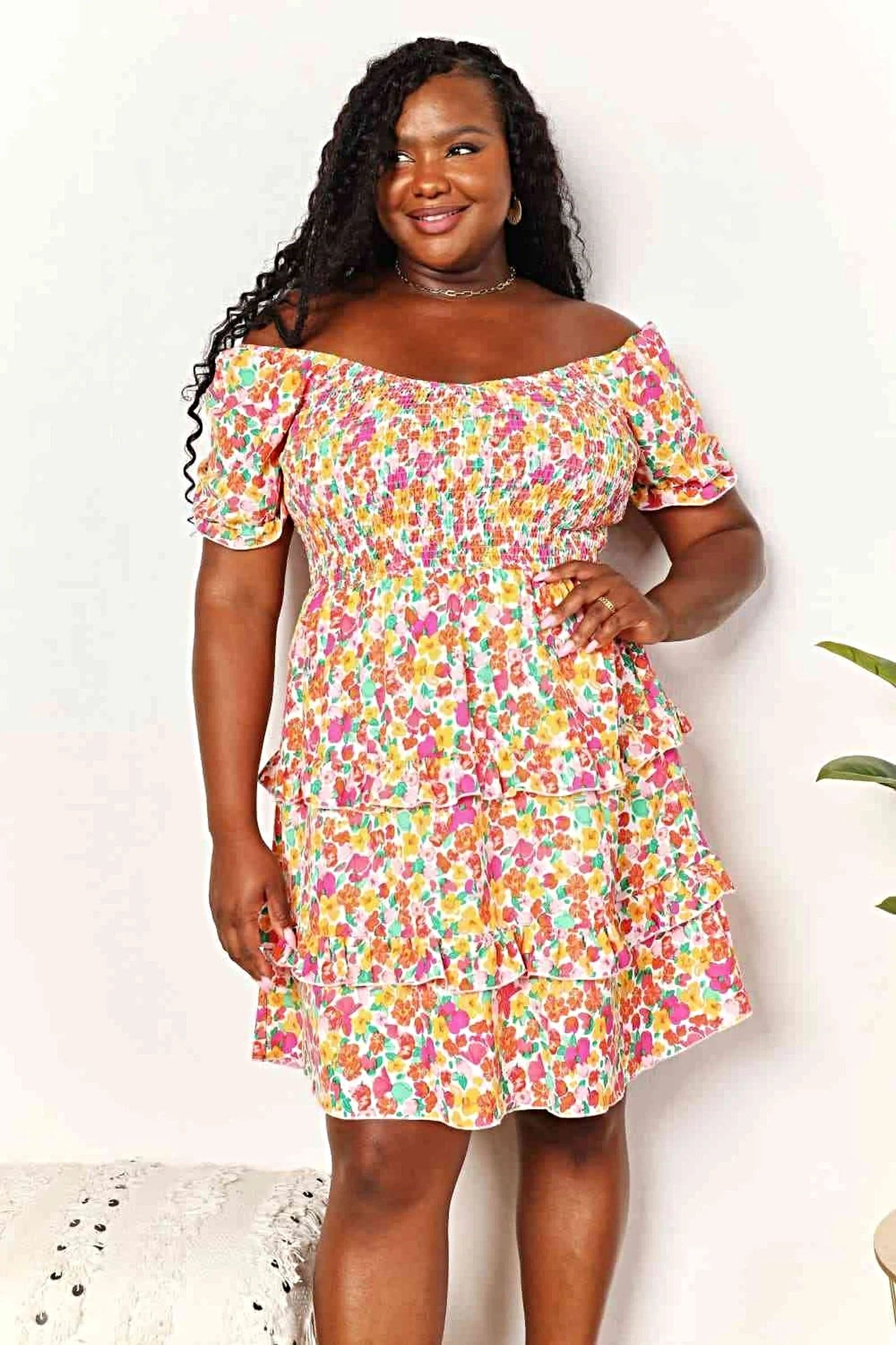 Smocked Sweetheart Dress with Flounce Sleeves - Floral Mini Dress for Effortless Elegance Trendsi