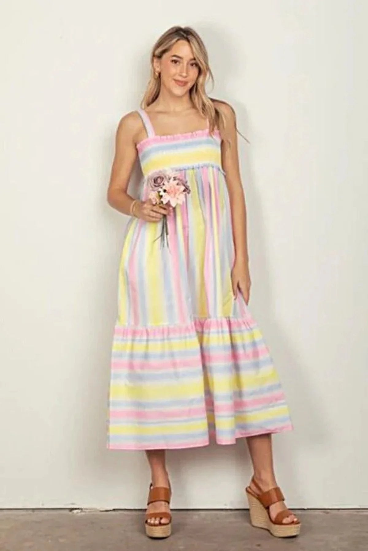 Elegant Striped Midi Dress With Smocked Bodice And Adjustable Cami Straps Trendsi