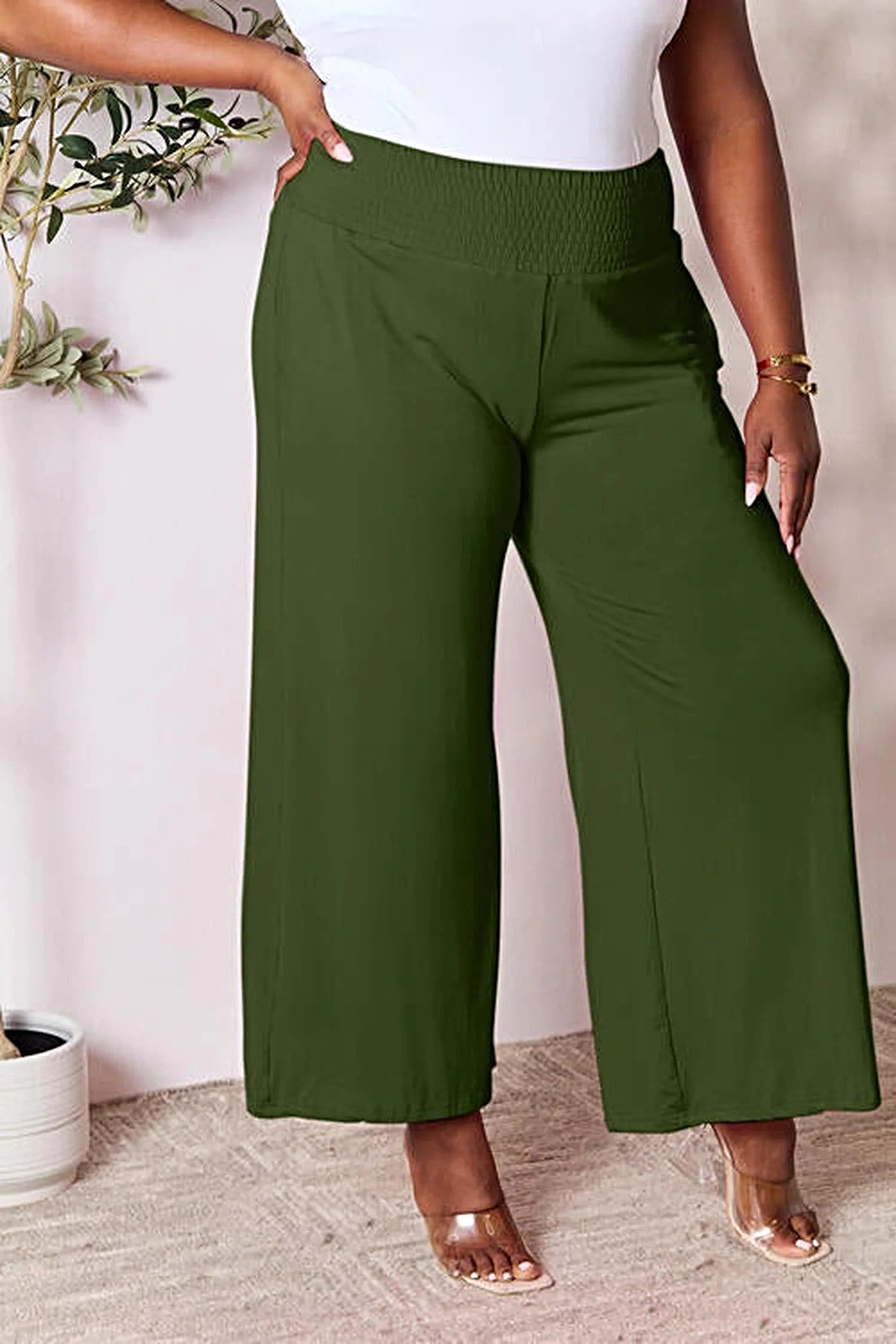 Elegant Wide Leg Pants with Smocked Waistband - Opaque Comfort in Sizes S-3XL Trendsi