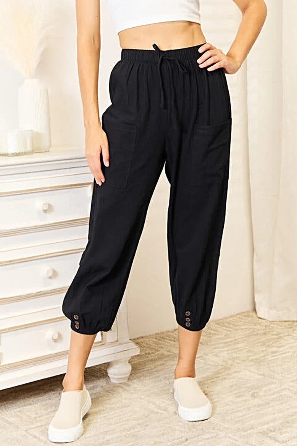 Double Take Decorative Button Cropped Pants, Also Plus sizes -