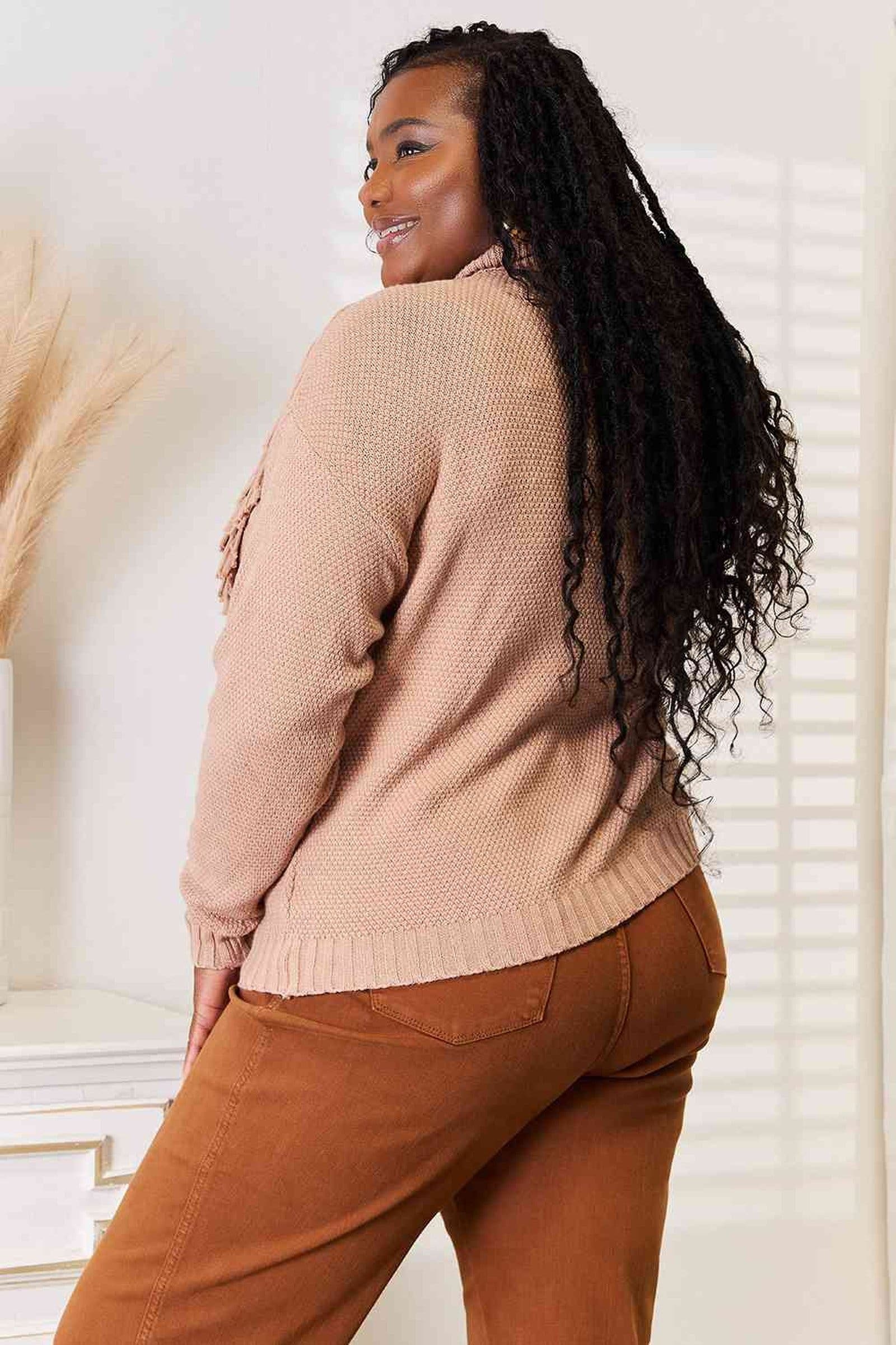 Woven Right Turtleneck Fringe Front Long Sleeve Sweater -