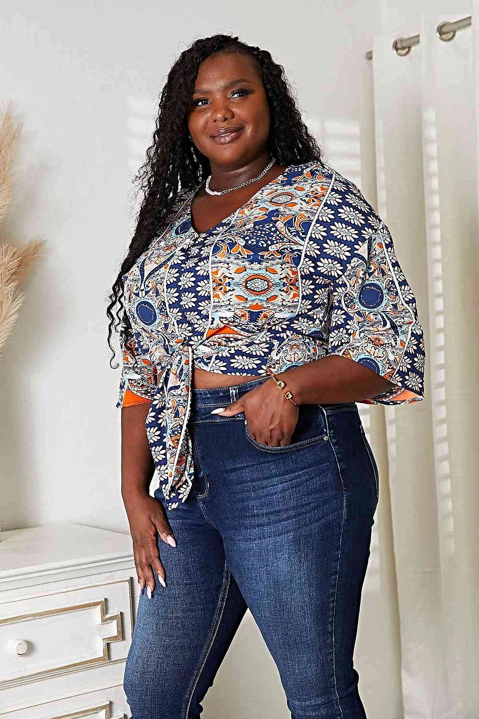 Chic Double Take Three-Quarter Sleeve Blouse with V-Neck and Tie Hem Detail Trendsi