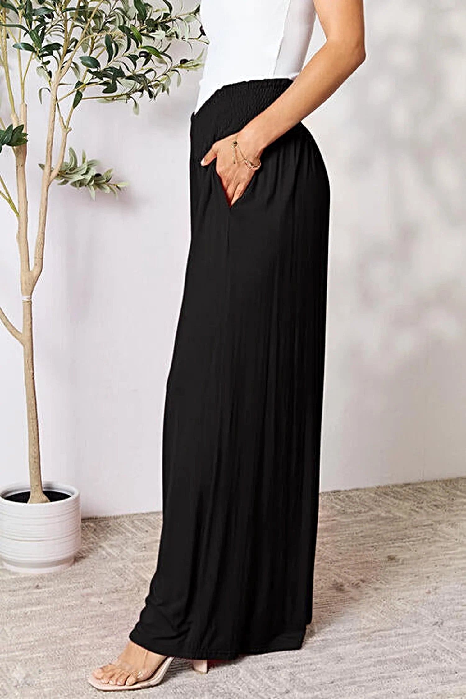Elegant Wide Leg Pants with Smocked Waistband - Opaque Comfort in Sizes S-3XL Trendsi