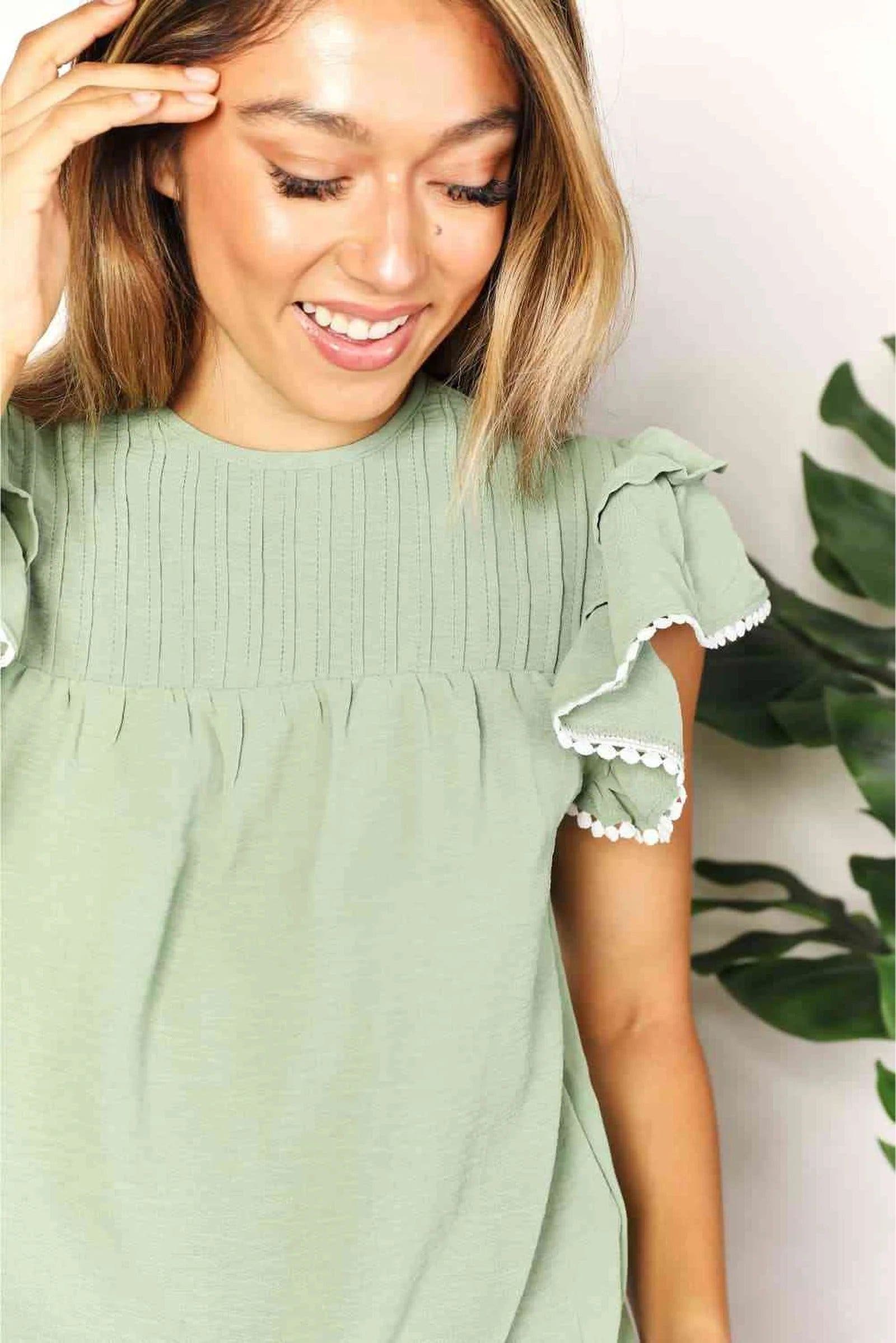 Elegant Flutter Sleeve Top With Pleated Detail And Round Neckline - Solid Casual Blouse Trendsi