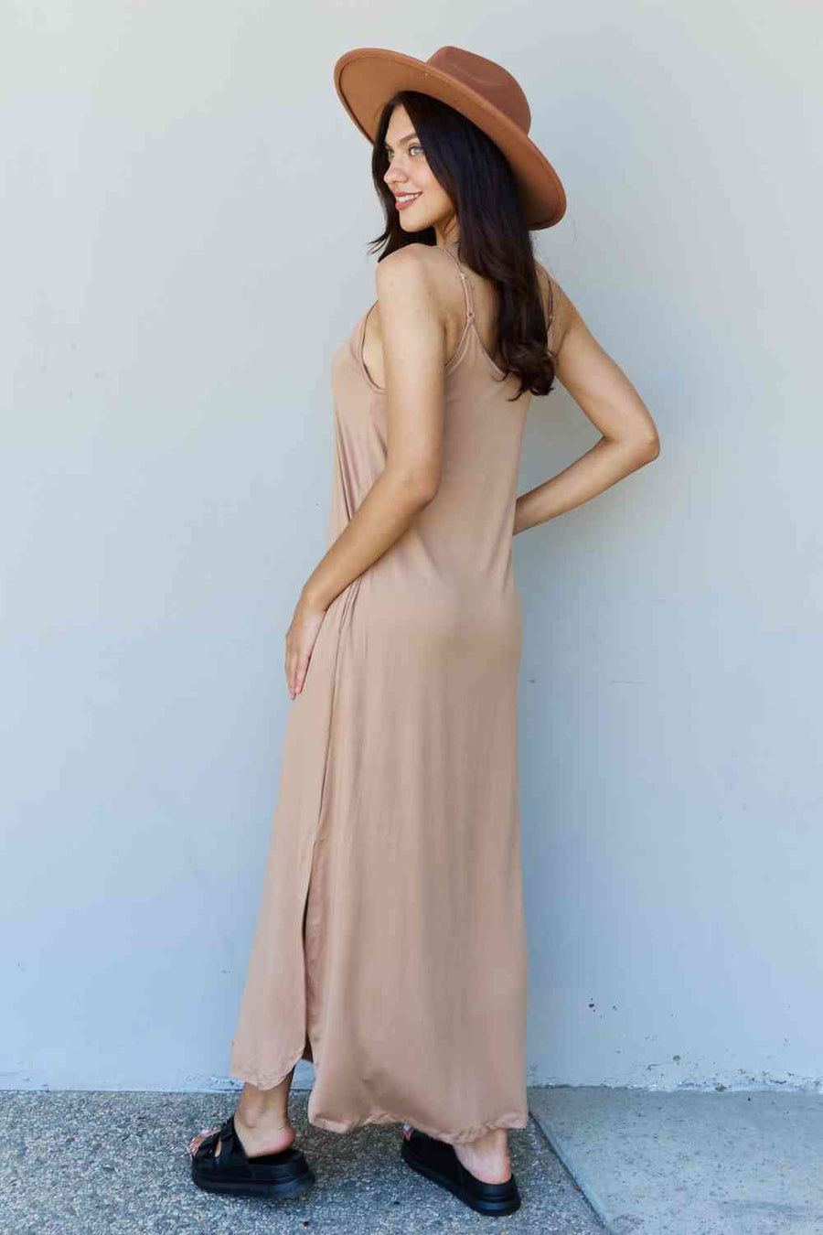 Ninexis Good Energy Full Size Cami Side Slit Maxi Dress in Camel-Trendsi-Camel-S-SatinBoutique