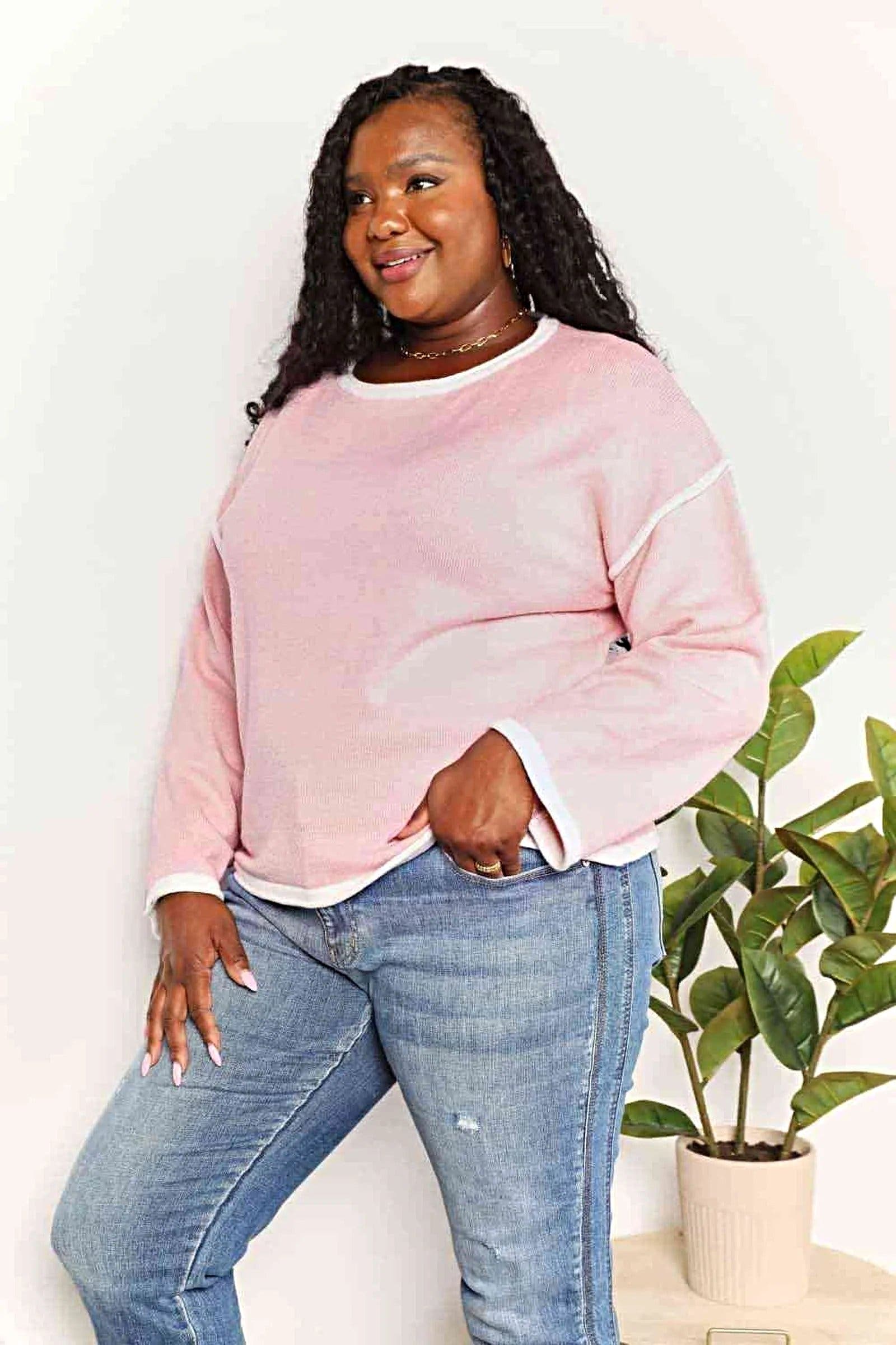 Double Take Contrast Detail Dropped Shoulder Knit Top -
