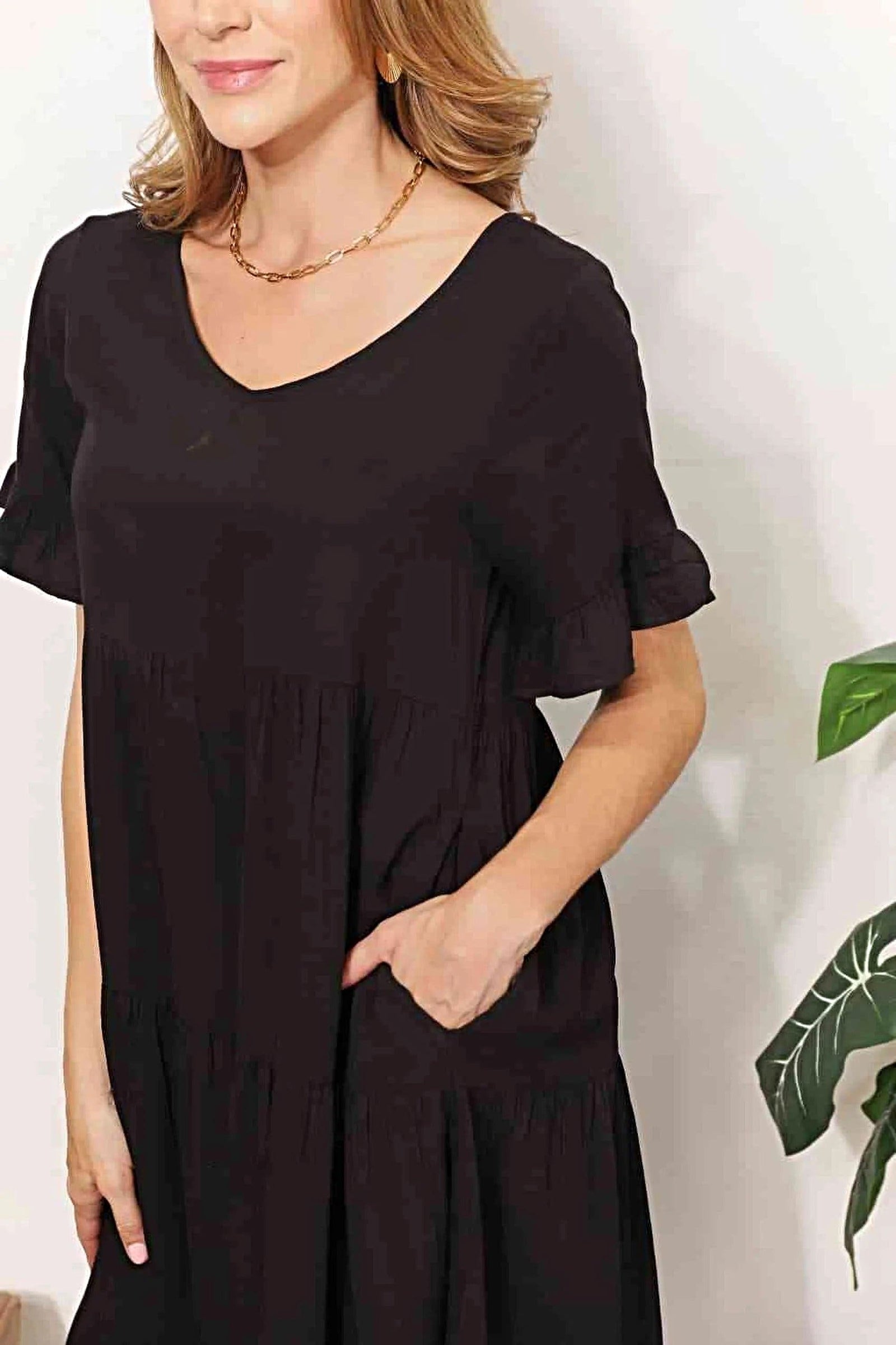 Double Take V-Neck Flounce Sleeve Tiered Dress -