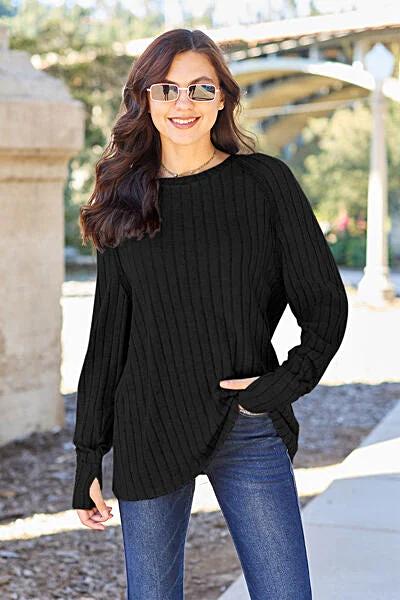 Trendy Ribbed Long Sleeve Top - Basic Bae Opaque Knit with Slight Stretch in Various Sizes Trendsi