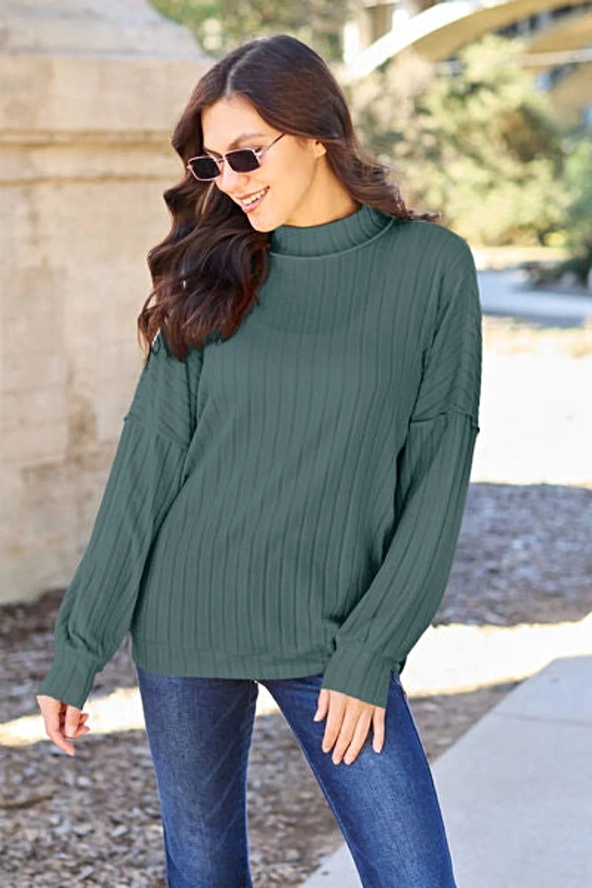Luxury Ribbed Mock Neck Top – Full Size, Slightly Stretchy, Opaque Knit Elegance by Trendsi Trendsi