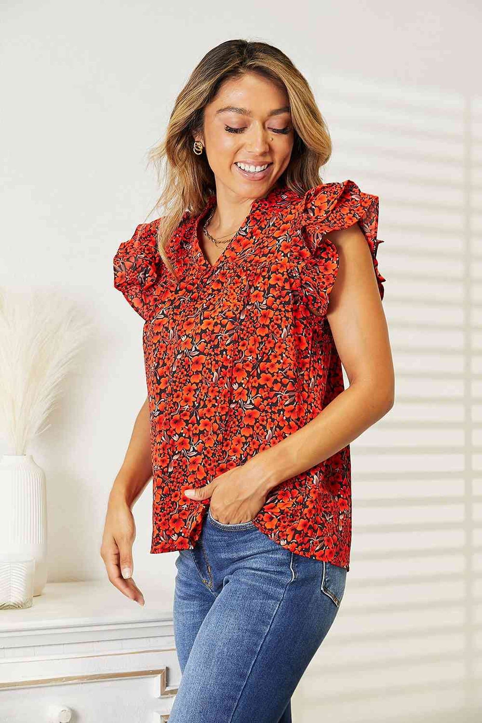 Double Take Floral Flutter Sleeve Notched Neck Blouse -