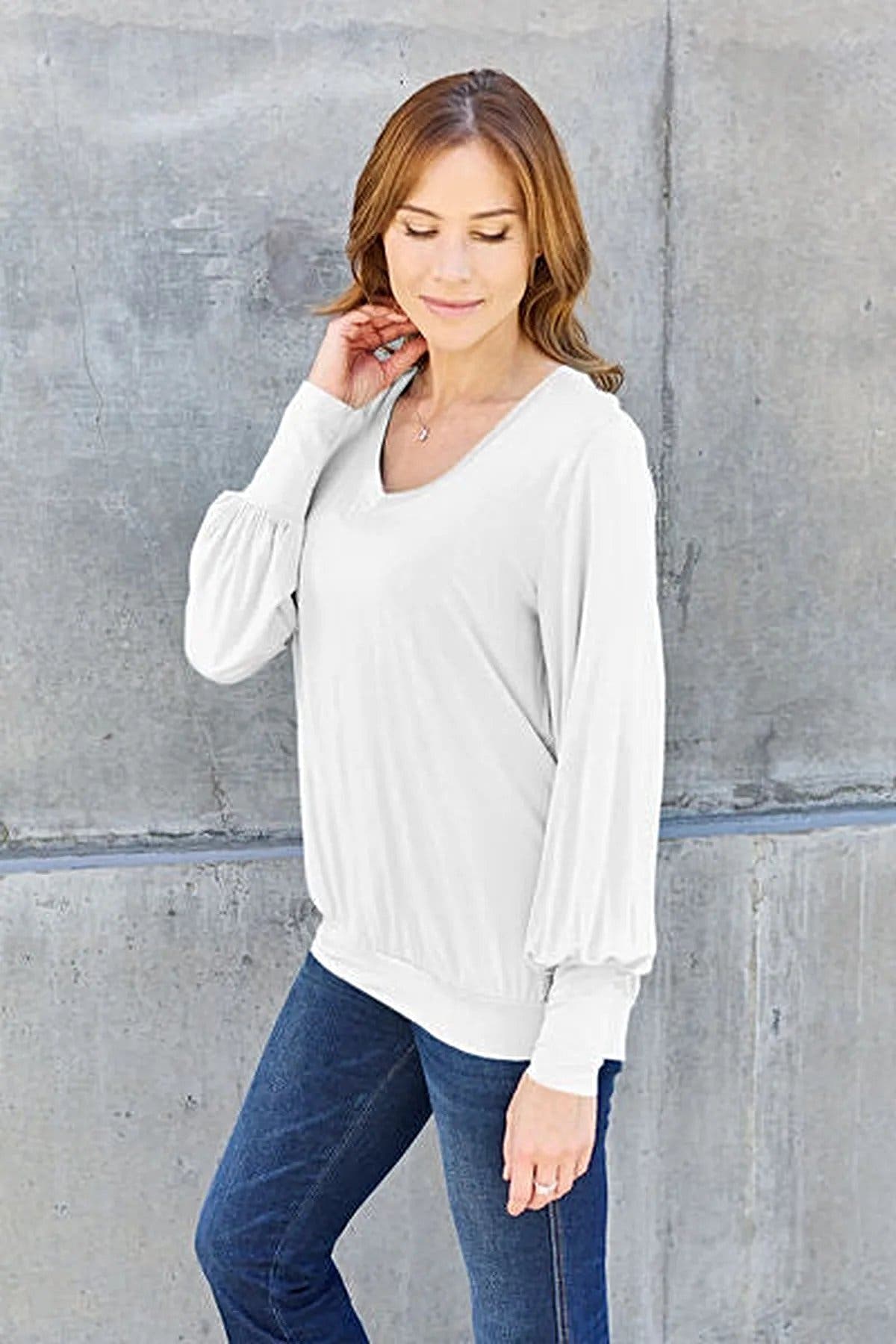 Basic Bae Full Size V-Neck Lantern Sleeve Blouse -