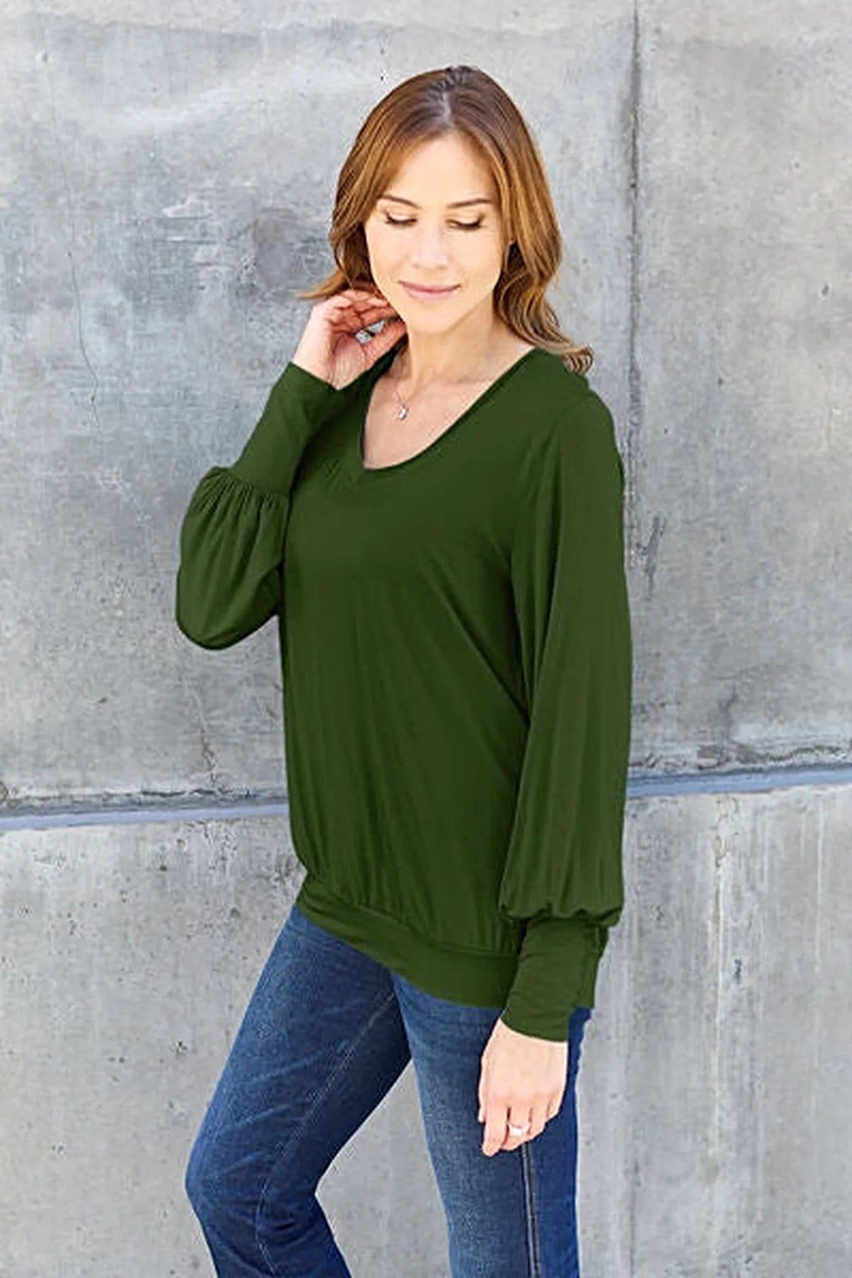 Basic Bae Full Size V-Neck Lantern Sleeve Blouse -