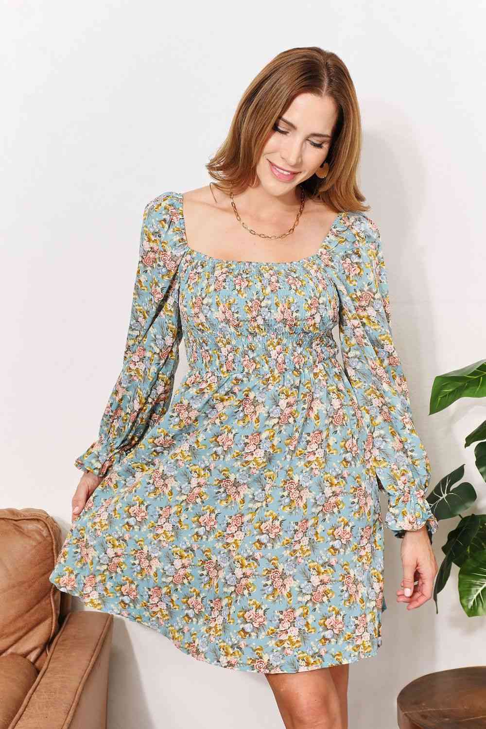 Double Take Floral Smocked Flounce Sleeve Square Neck Dress -