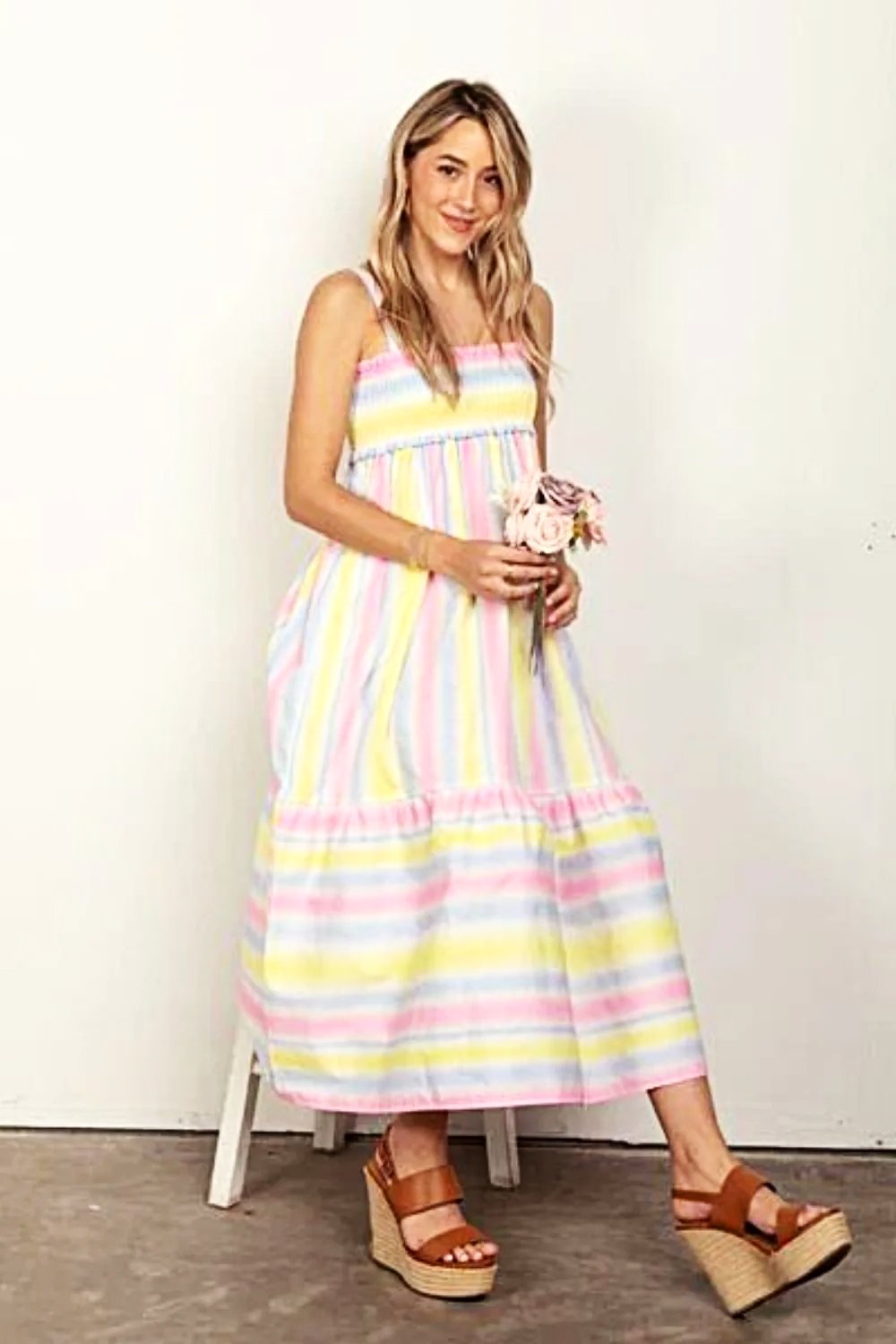 Elegant Striped Midi Dress With Smocked Bodice And Adjustable Cami Straps Trendsi