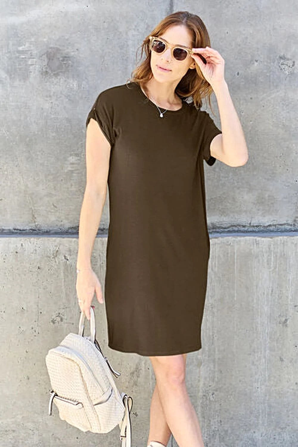 Casual Short Sleeve Dress With Pockets - Basic Bae Full Size Round Neck Style Trendsi