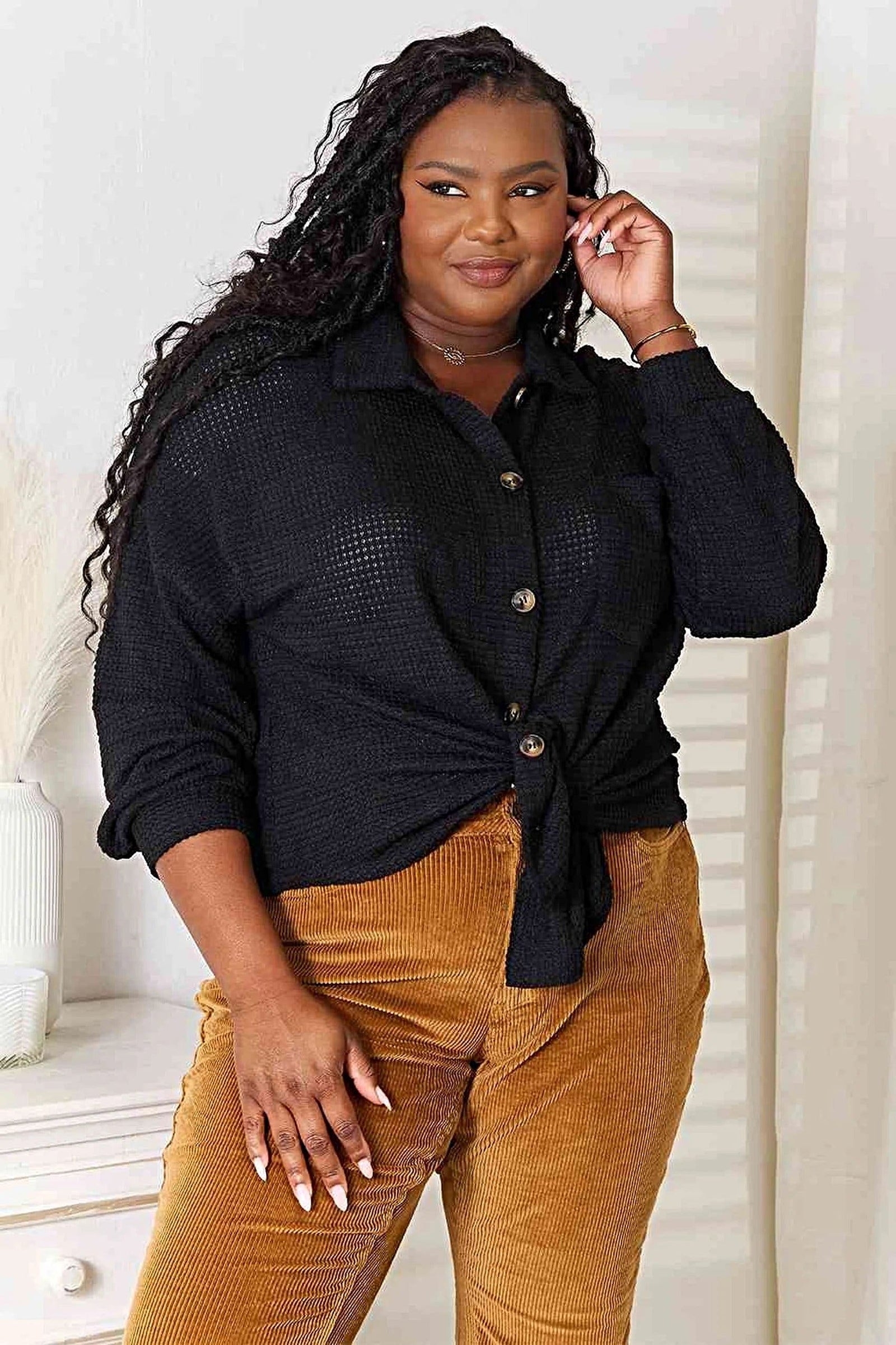 Double Take Waffle-Knit Collared Neck Dropped Shoulder Shirt Trendsi