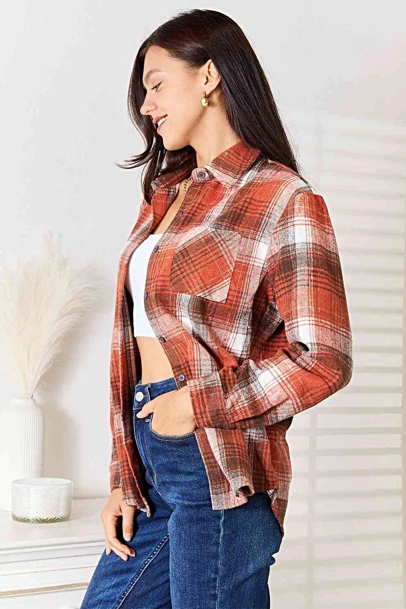 Double Take Plaid Collared Neck Long Sleeve Shirt -
