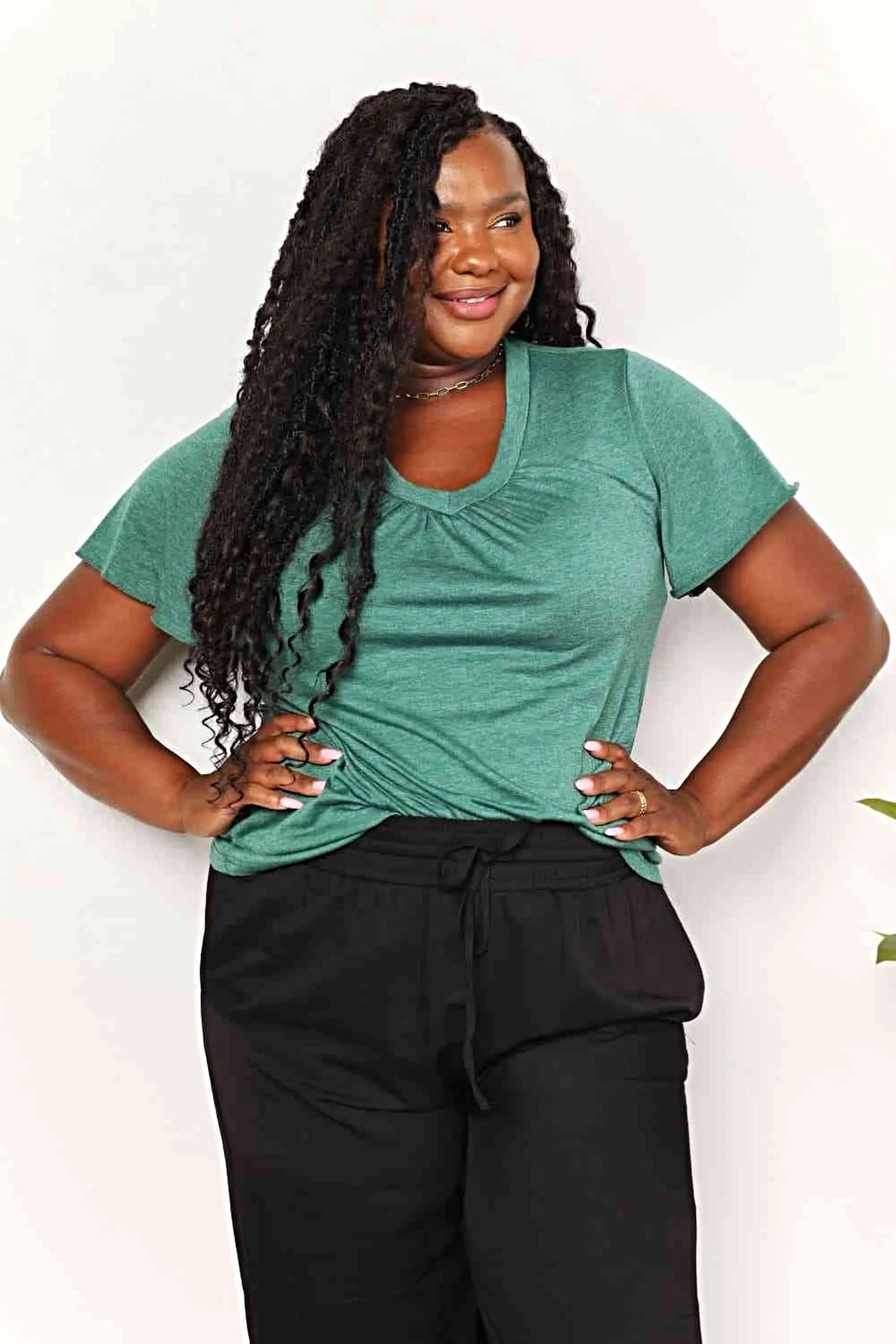 Stylish Ruched V-Neck T-Shirt with Flutter Sleeves - Chic Everyday Essential Trendsi