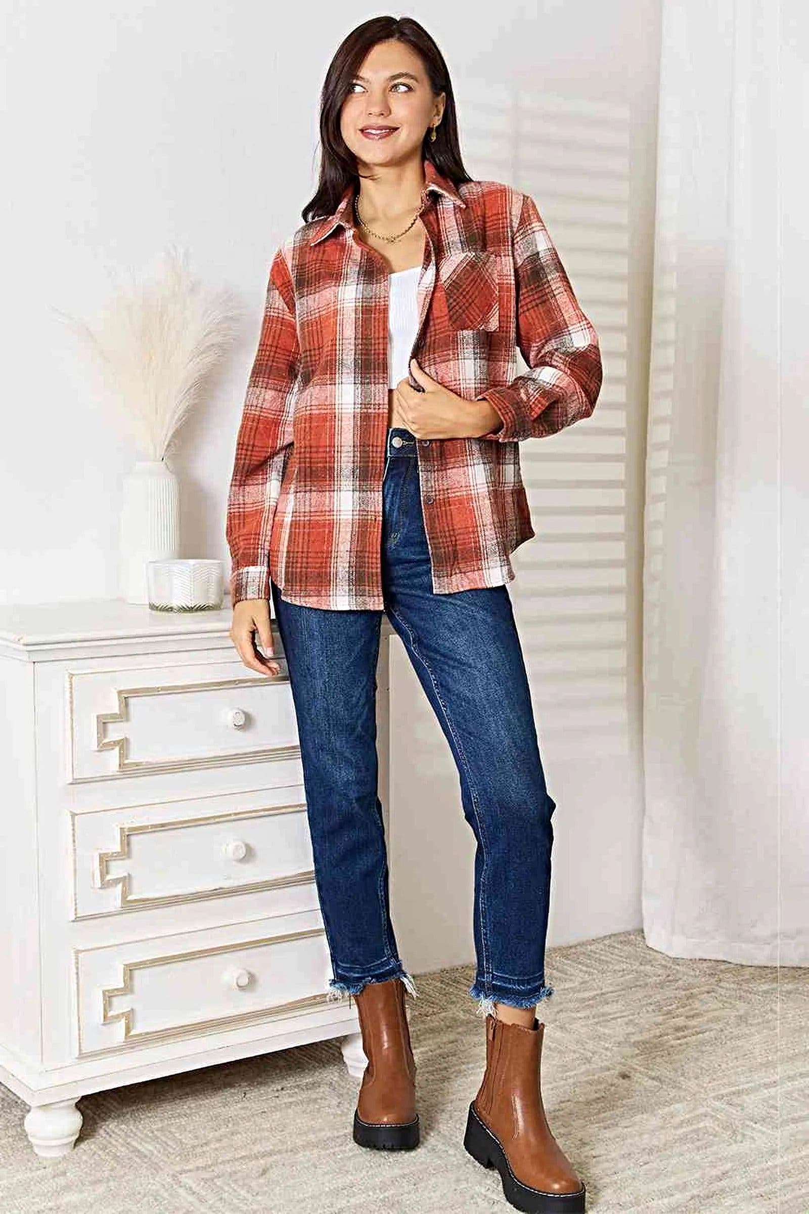 Double Take Plaid Collared Neck Long Sleeve Shirt -