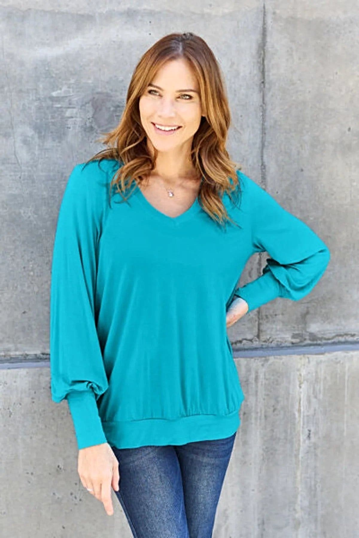 Basic Bae Full Size V-Neck Lantern Sleeve Blouse -