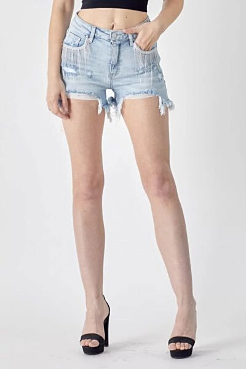 Sophisticated Frayed Hem Denim Shorts with Unique Fringe Detail Pockets for Fashion-Forward Style Trendsi