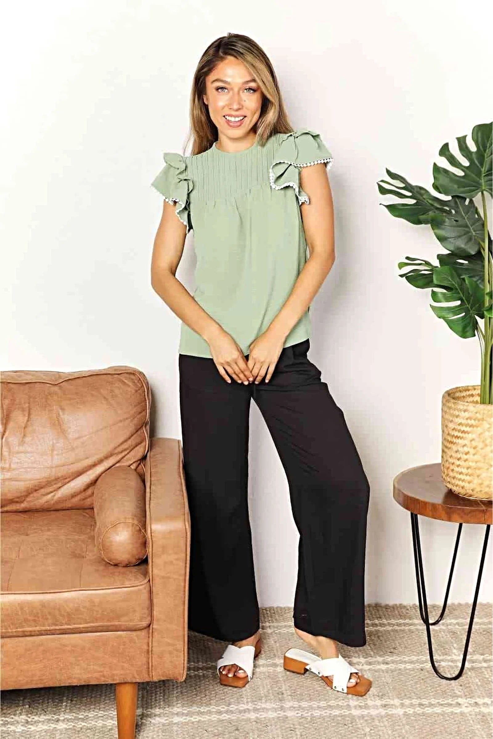 Elegant Flutter Sleeve Top With Pleated Detail And Round Neckline - Solid Casual Blouse Trendsi