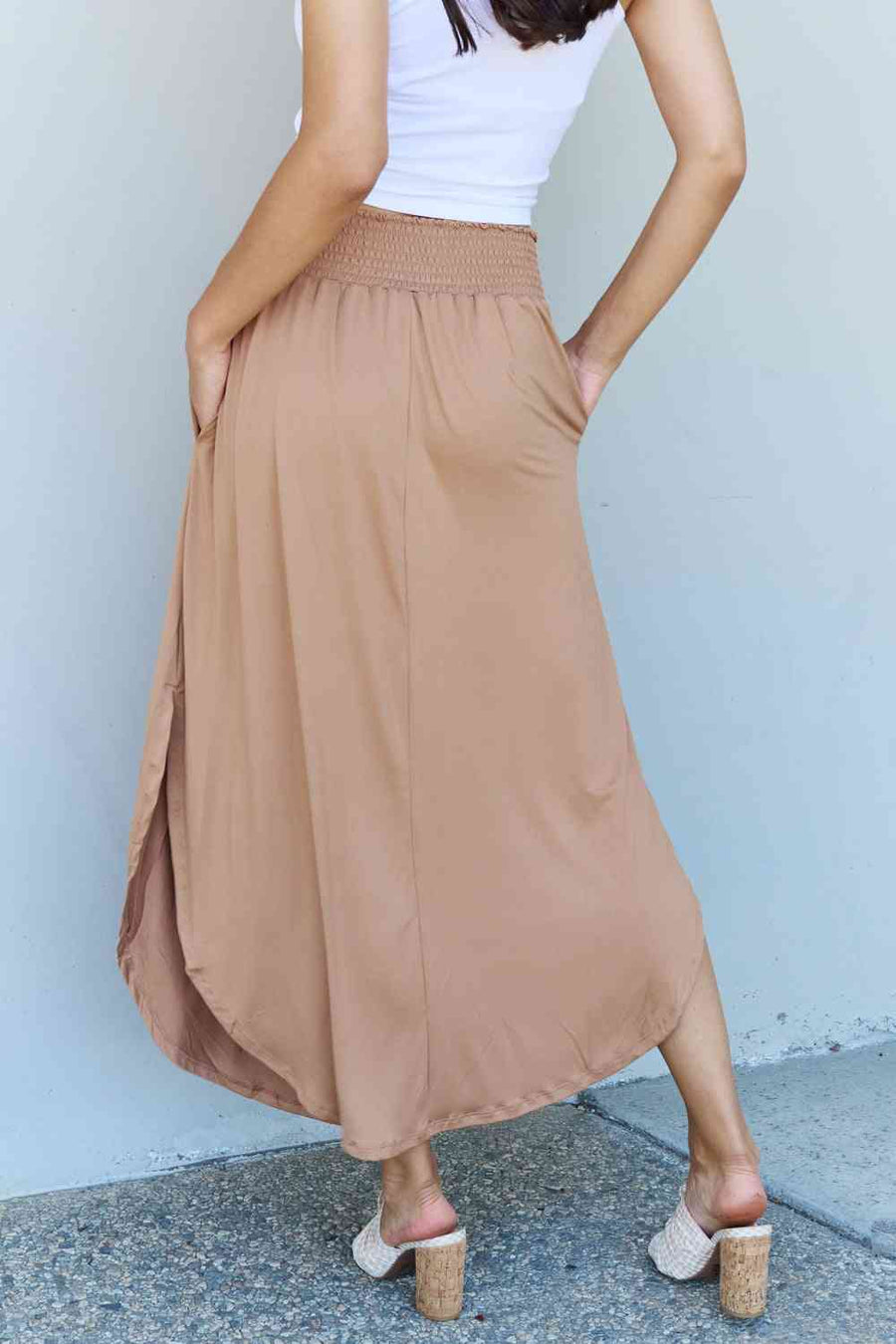 Doublju Comfort Princess Full Size High Waist Scoop Hem Maxi Skirt in Tan-Trendsi-Tan-S-SatinBoutique