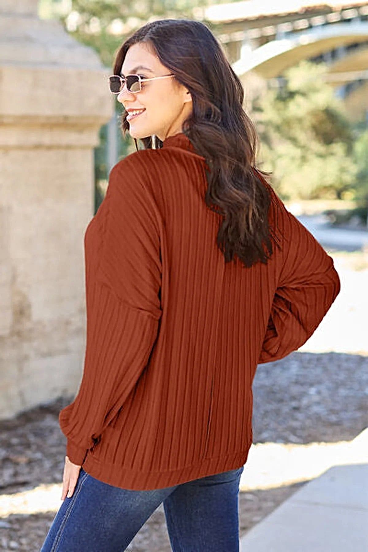 Luxury Ribbed Mock Neck Top – Full Size, Slightly Stretchy, Opaque Knit Elegance by Trendsi Trendsi