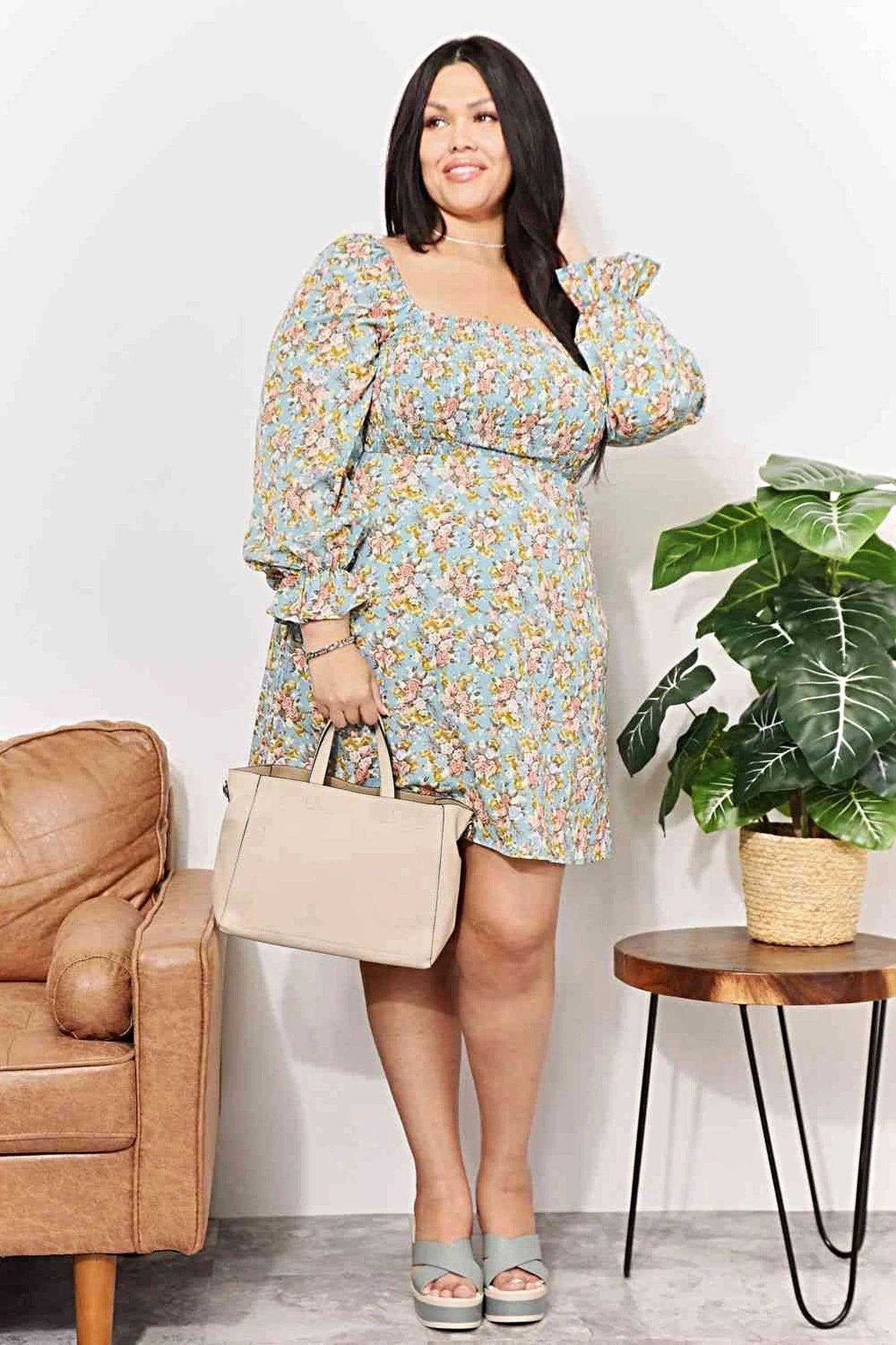 Double Take Floral Smocked Flounce Sleeve Square Neck Dress -