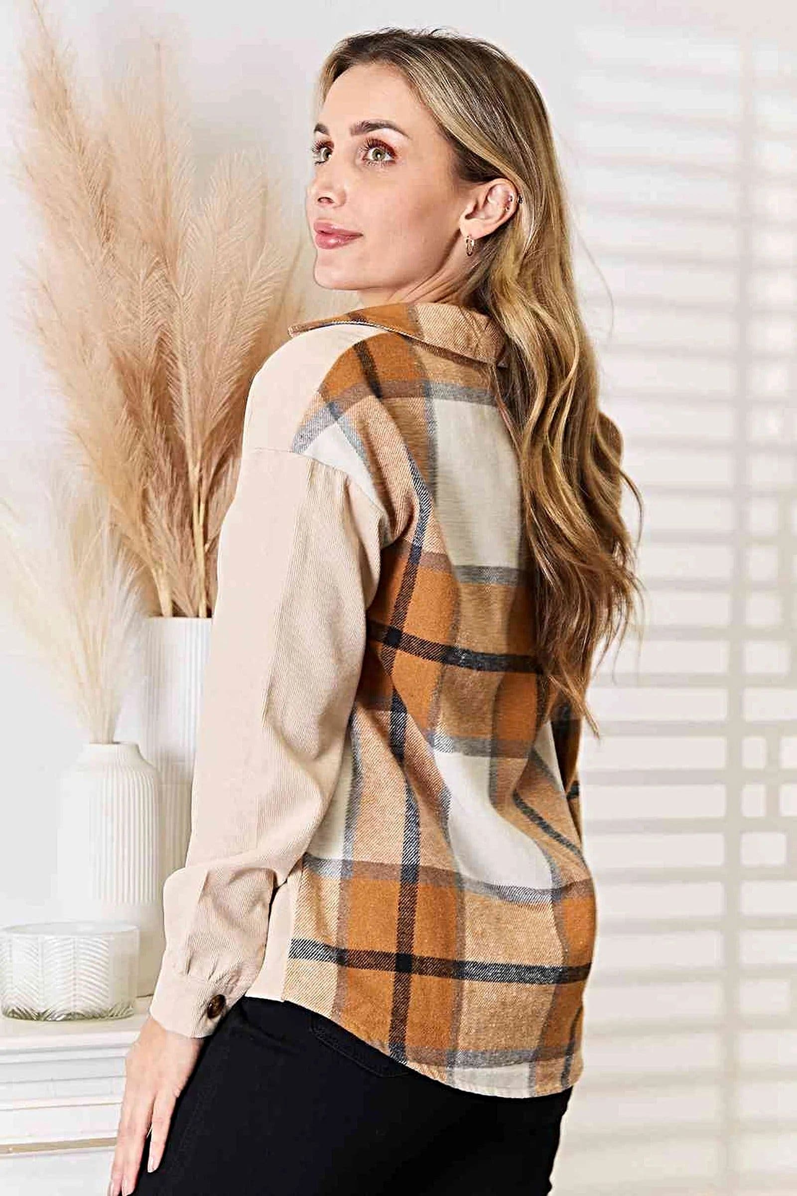 Double Take Plaid Print Dropped Shoulder Shirt -