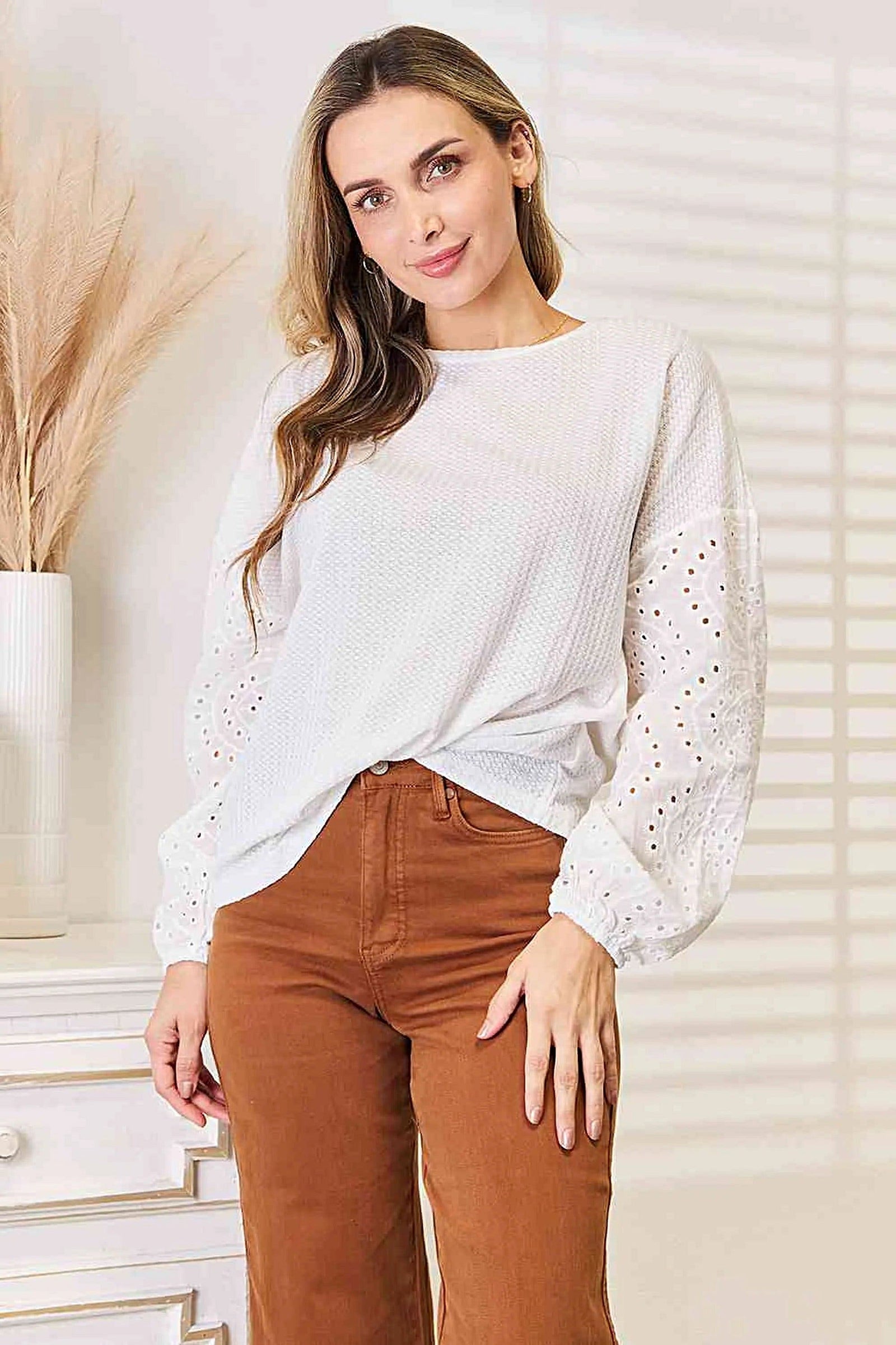 Elegant Double Take Eyelet Blouse Women with Dropped Shoulders & Round Neck, Plus Sizes Available Trendsi
