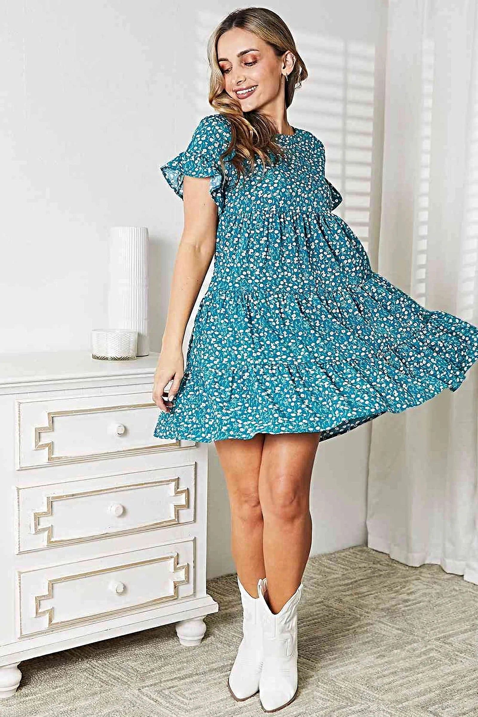 Double Take Short Flounce Sleeve Tiered Dress -