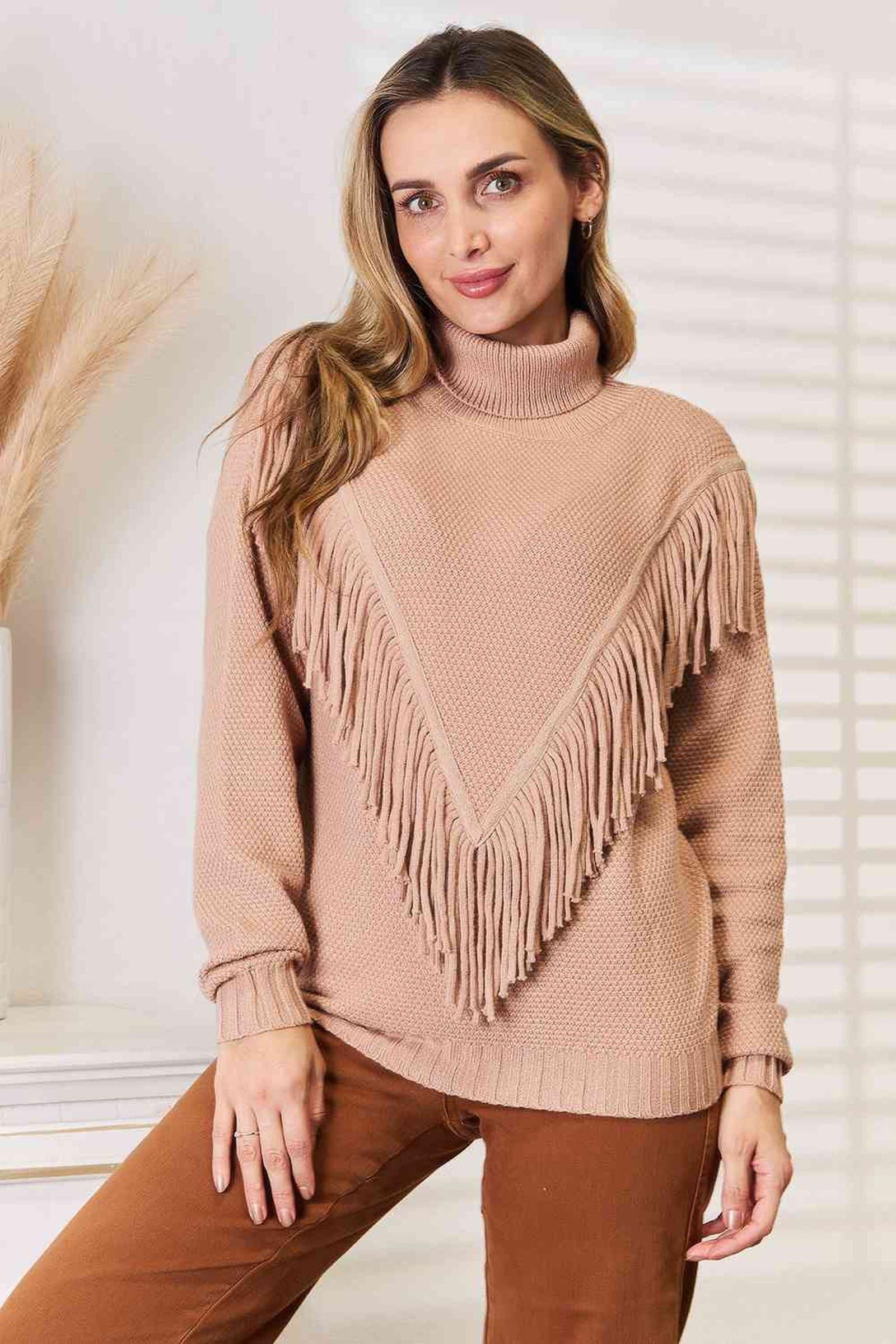 Woven Right Turtleneck Fringe Front Long Sleeve Sweater -