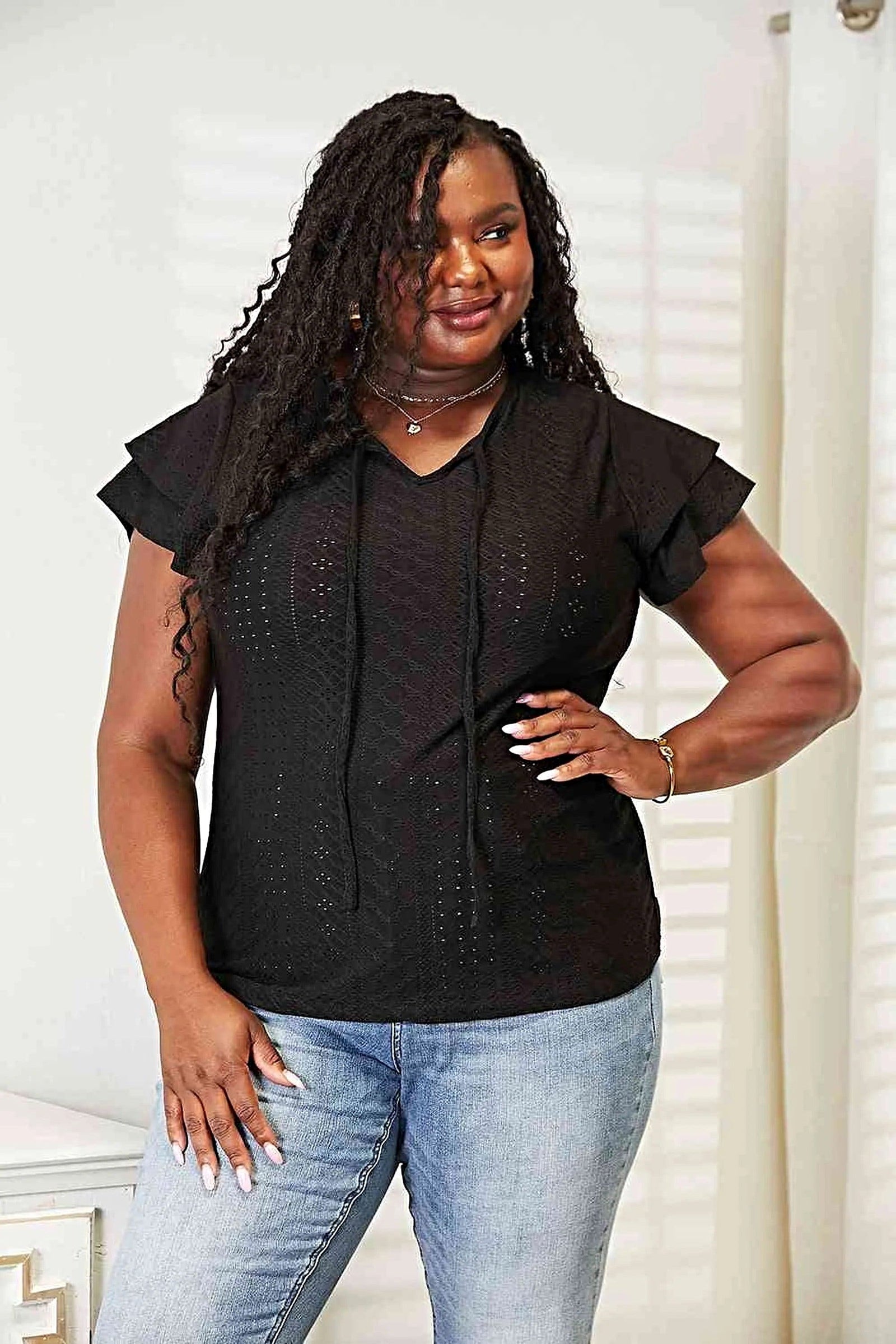 Double Take Eyelet Tie-Neck Flutter Sleeve Blouse -