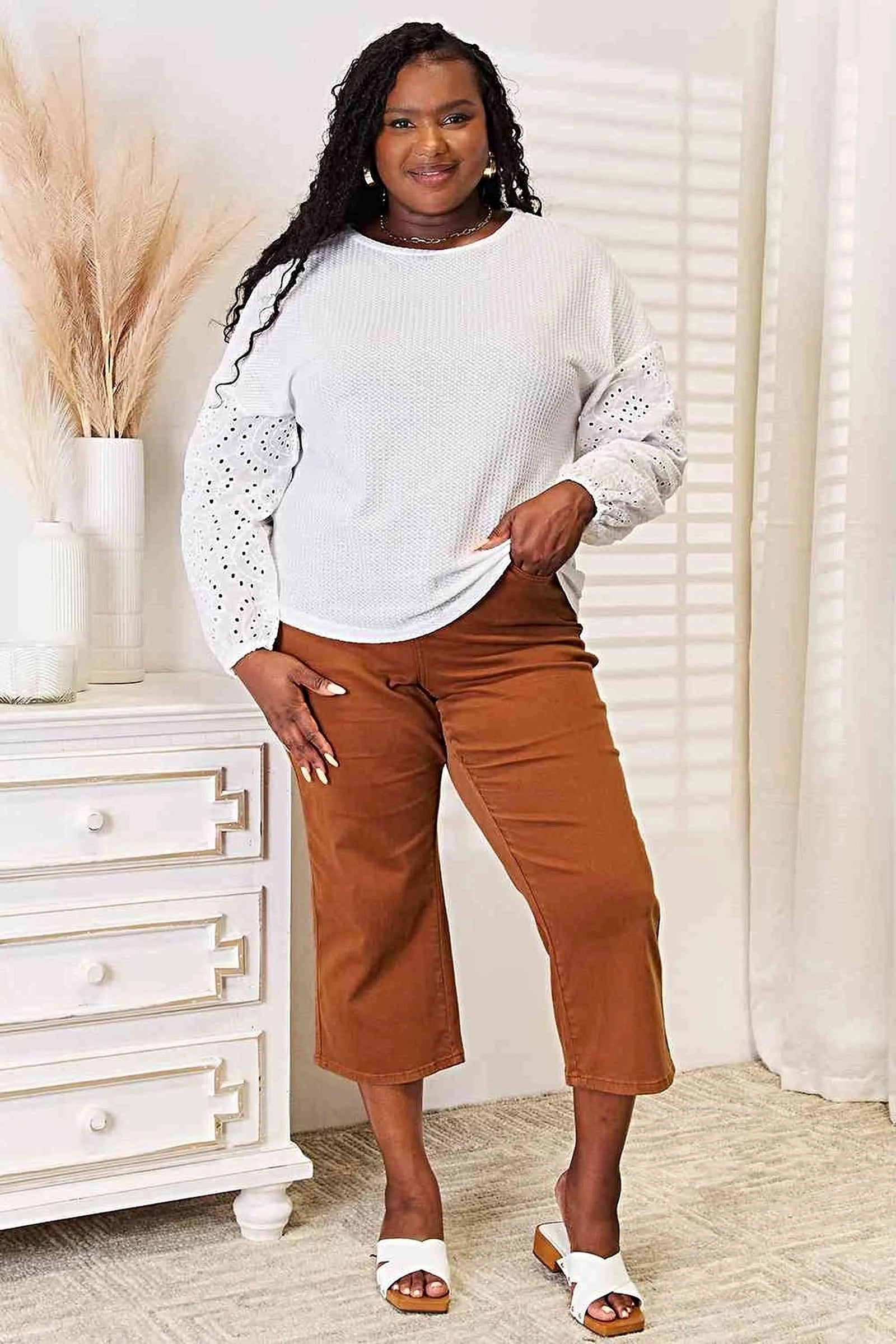 Elegant Double Take Eyelet Blouse Women with Dropped Shoulders & Round Neck, Plus Sizes Available Trendsi