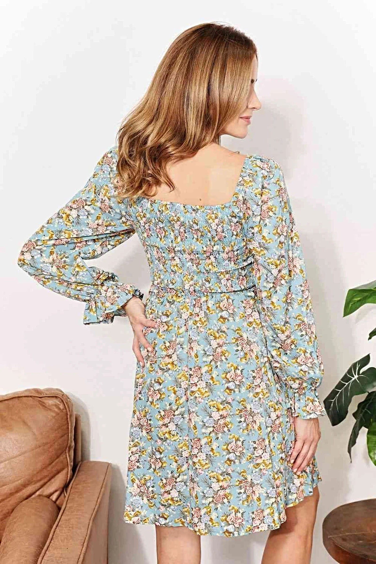 Double Take Floral Smocked Flounce Sleeve Square Neck Dress -