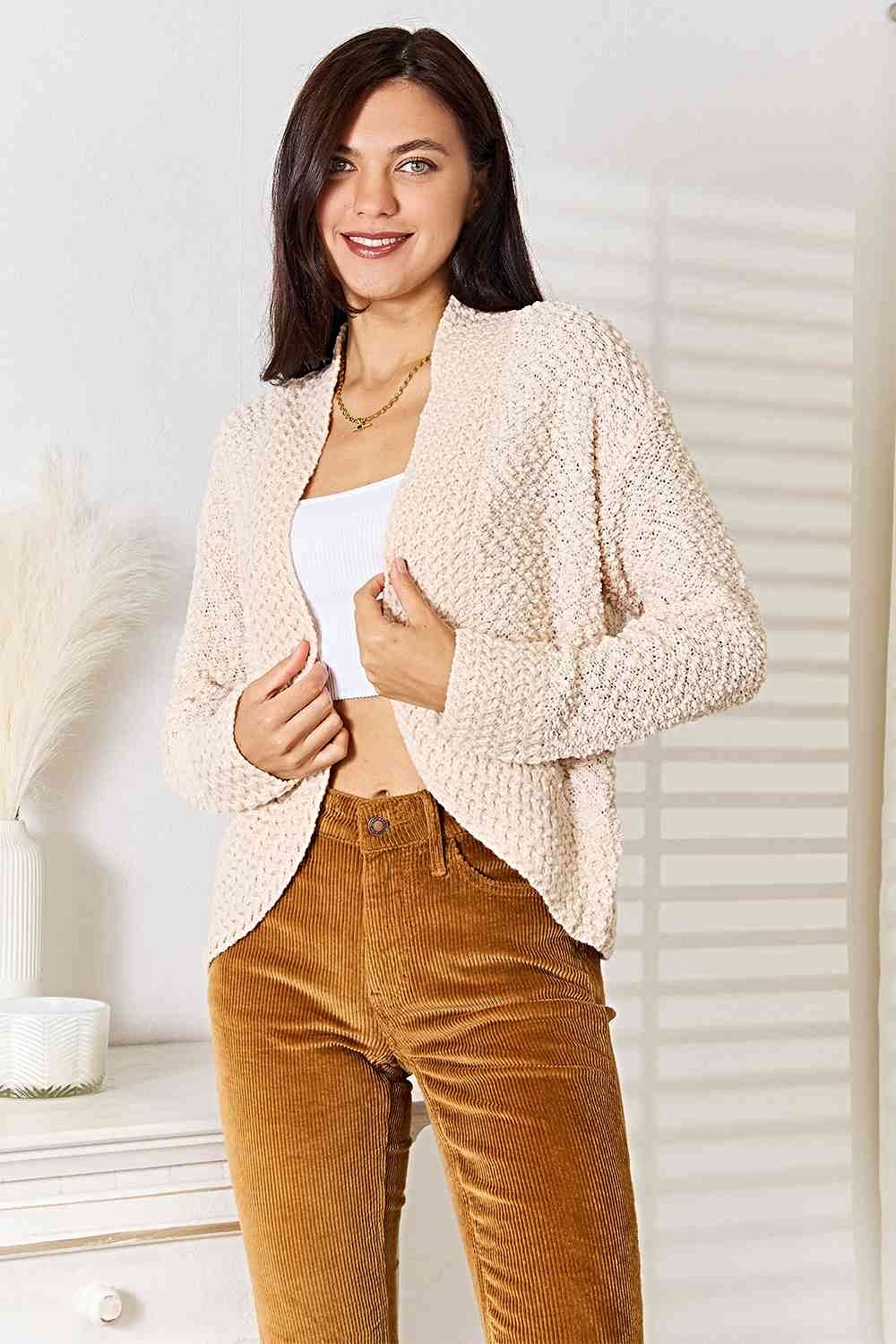 Elegant 100% Acrylic Open Front Cardigan with Long Sleeves - Cozy Layering Essential Trendsi