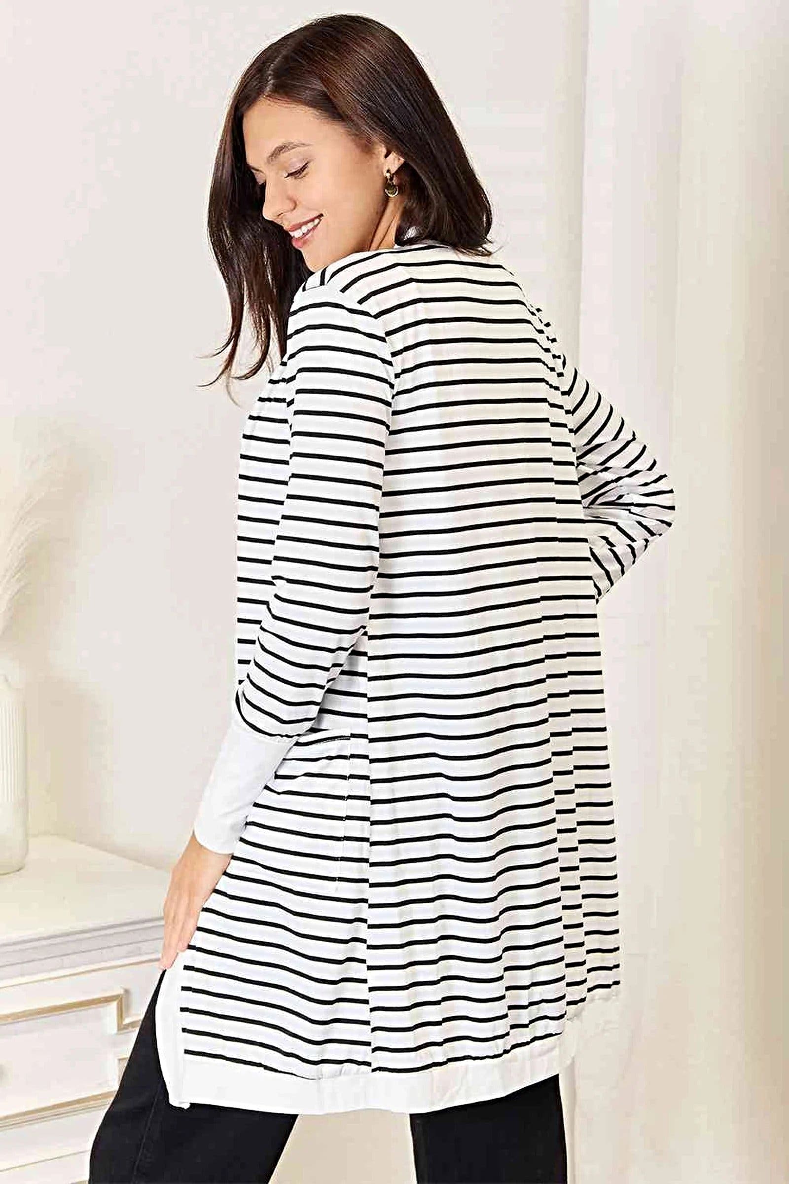 Double Take Striped Open Front Longline Cardigan -