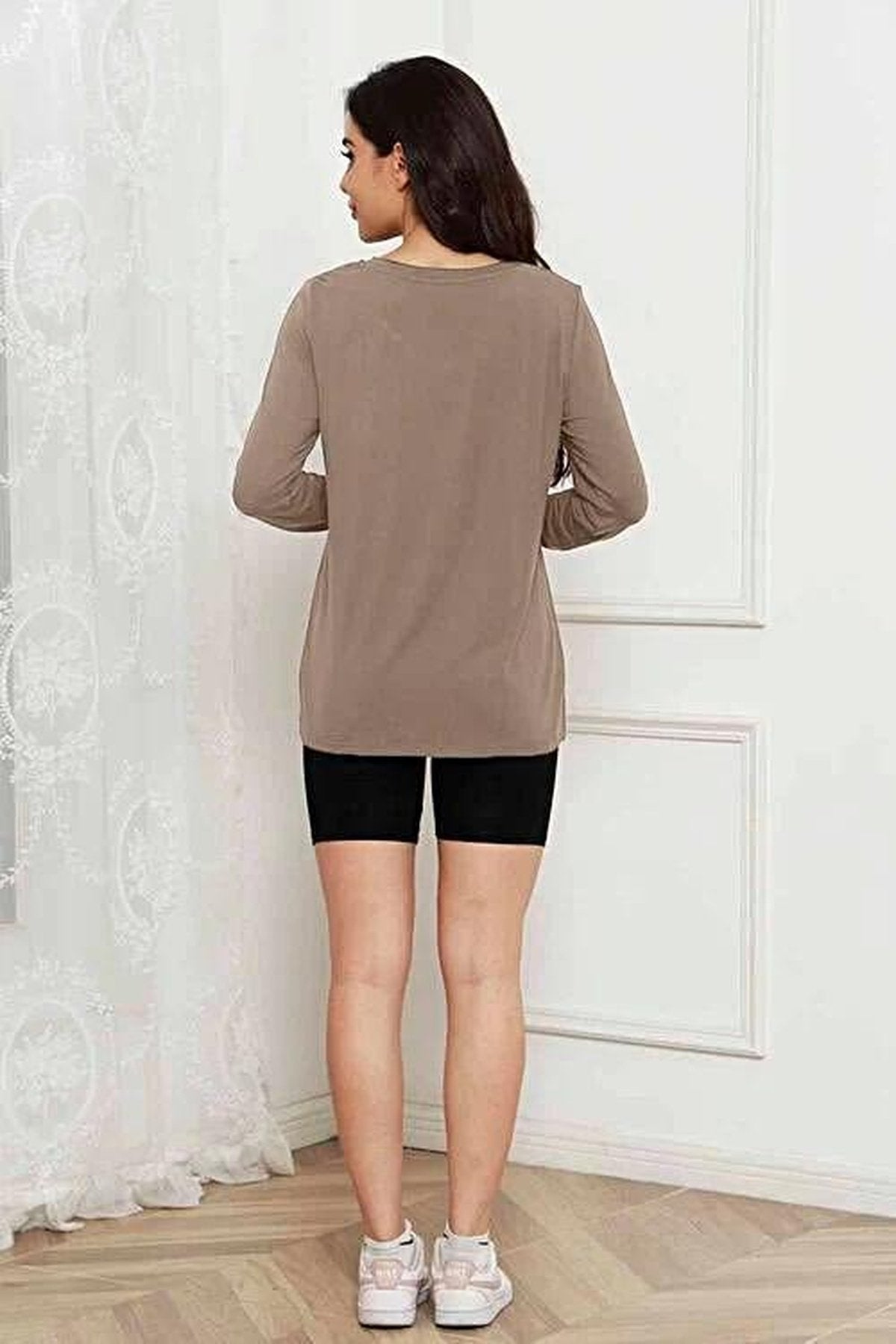 Opulent Basic Bae 100% Polyester Full Size Round Neck Long Sleeve Top with Pockets Trendsi