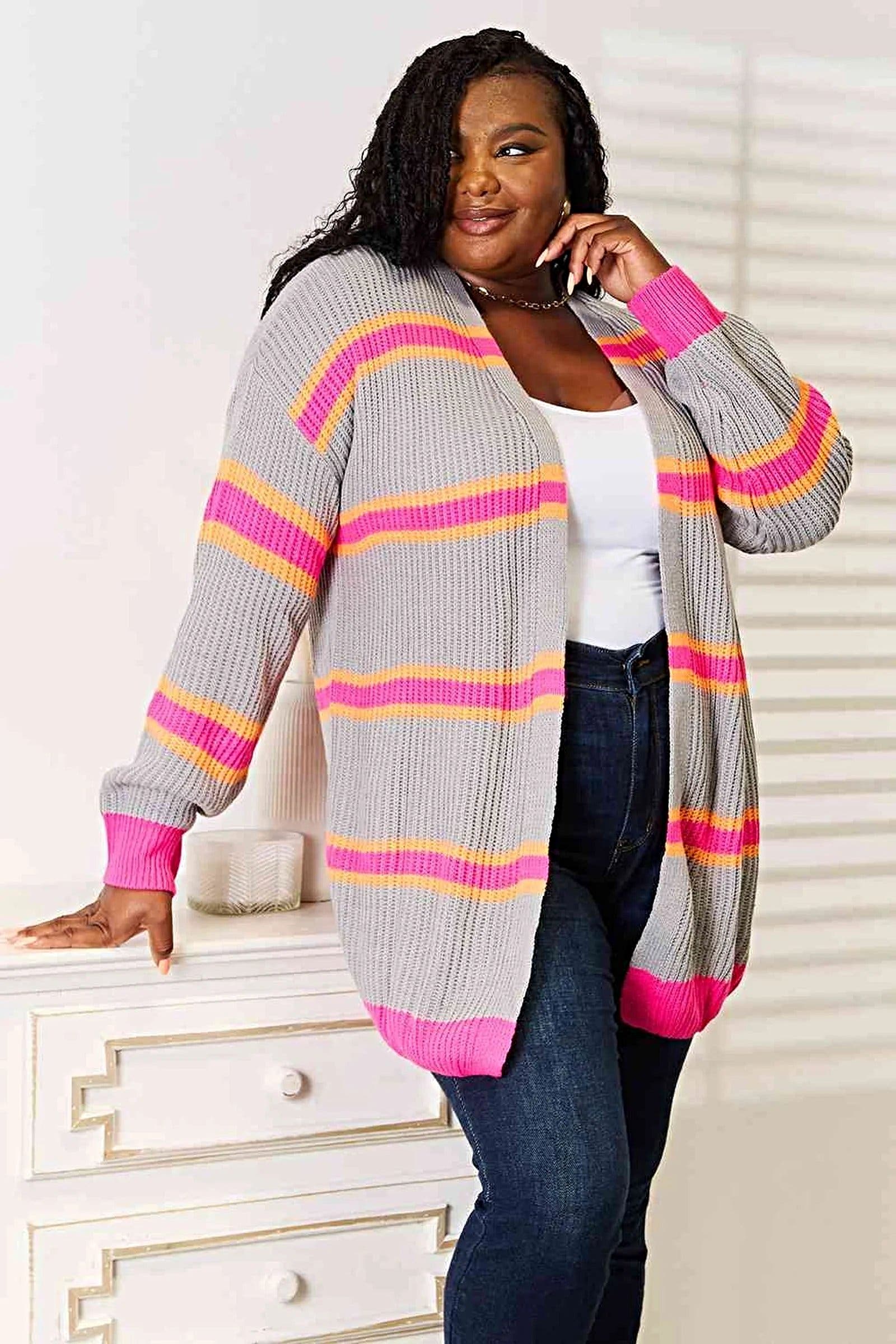 Chic Ribbed Long Sleeve Cardigan in 100% Acrylic - Cozy, Elegant, and Perfect for Layering Trendsi