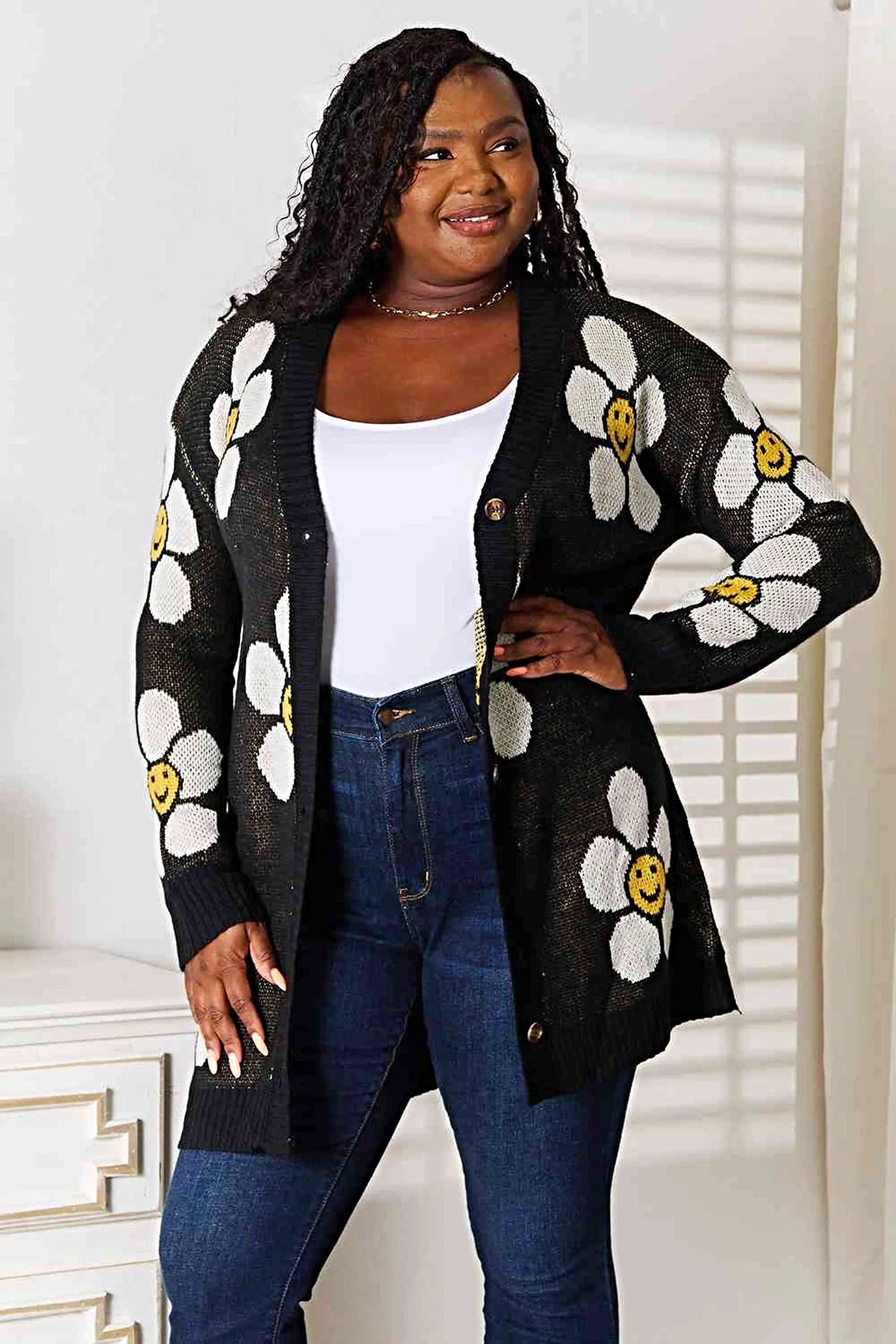 Floral Longline Cardigan - Elegant Button Down Closure, Ribbed Detail & Moderate Stretch Trendsi