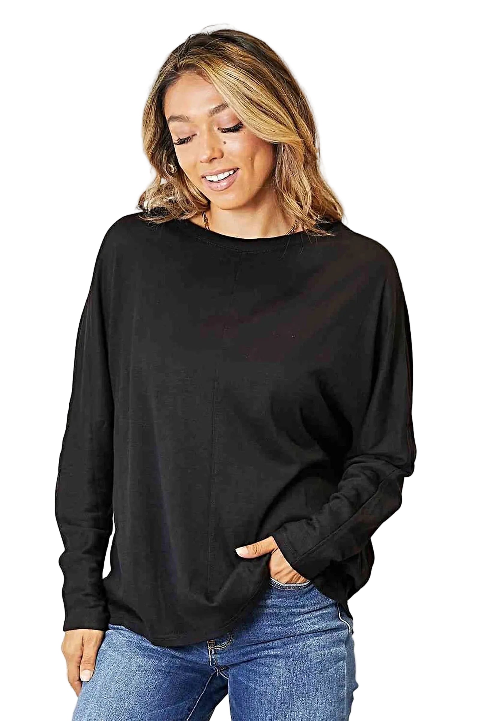 Sophisticated Round Neck Long Sleeve Shirt with Seam Detail – Versatile Basic Top Trendsi