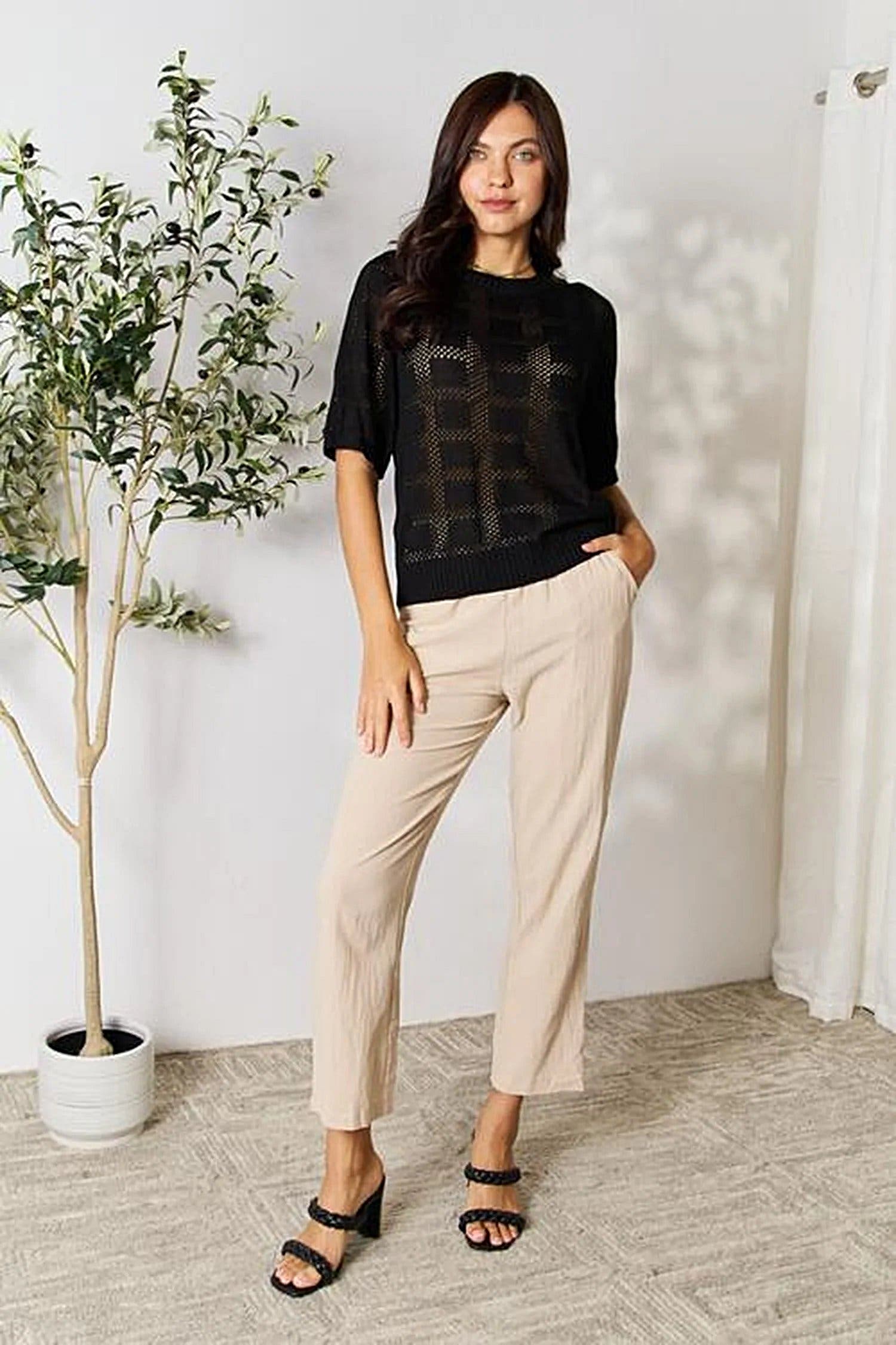 Double Take Ribbed Trim Round Neck Knit Top -