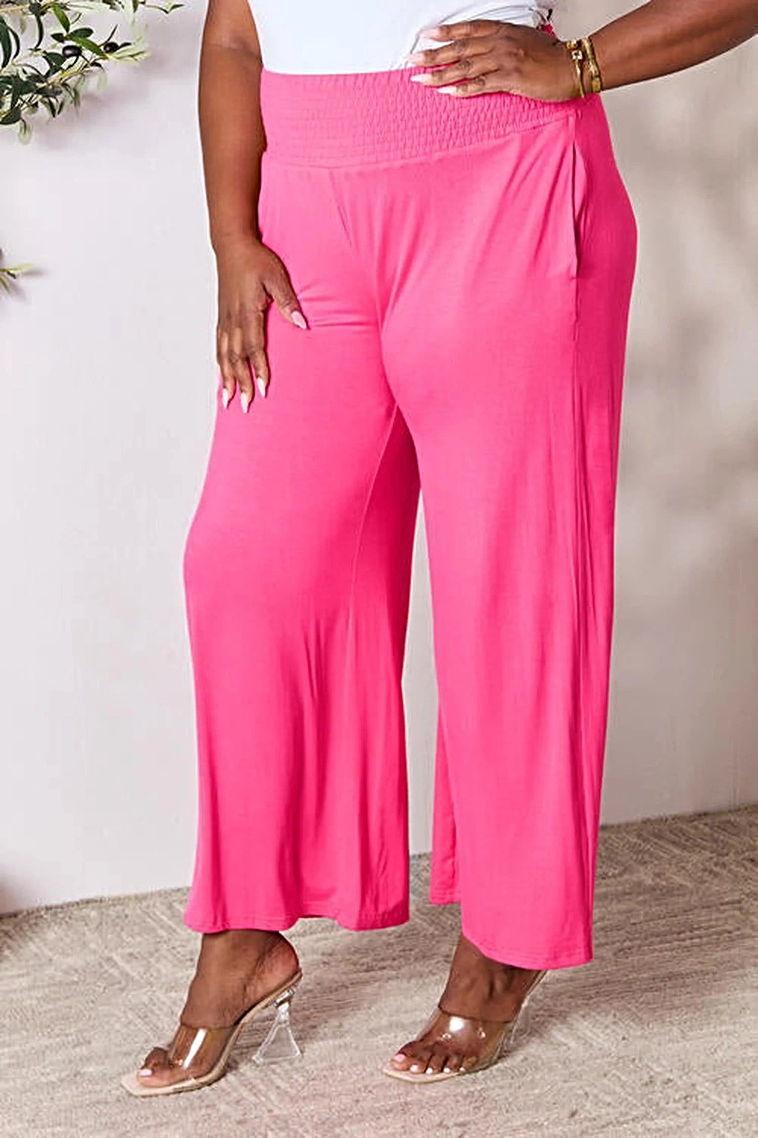 Elegant Wide Leg Pants with Smocked Waistband - Opaque Comfort in Sizes S-3XL Trendsi