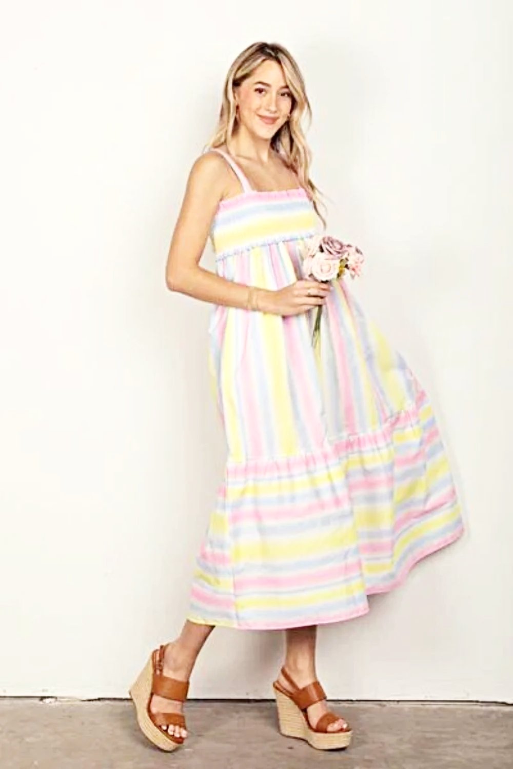 Elegant Striped Midi Dress With Smocked Bodice And Adjustable Cami Straps Trendsi