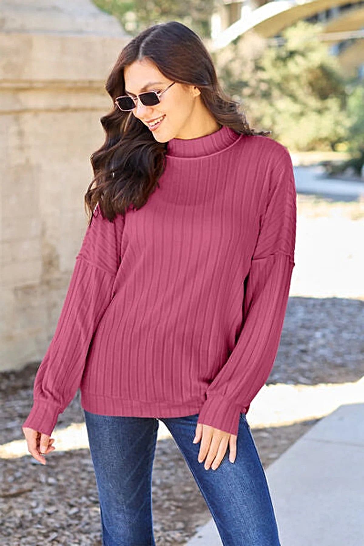 Luxury Ribbed Mock Neck Top – Full Size, Slightly Stretchy, Opaque Knit Elegance by Trendsi Trendsi