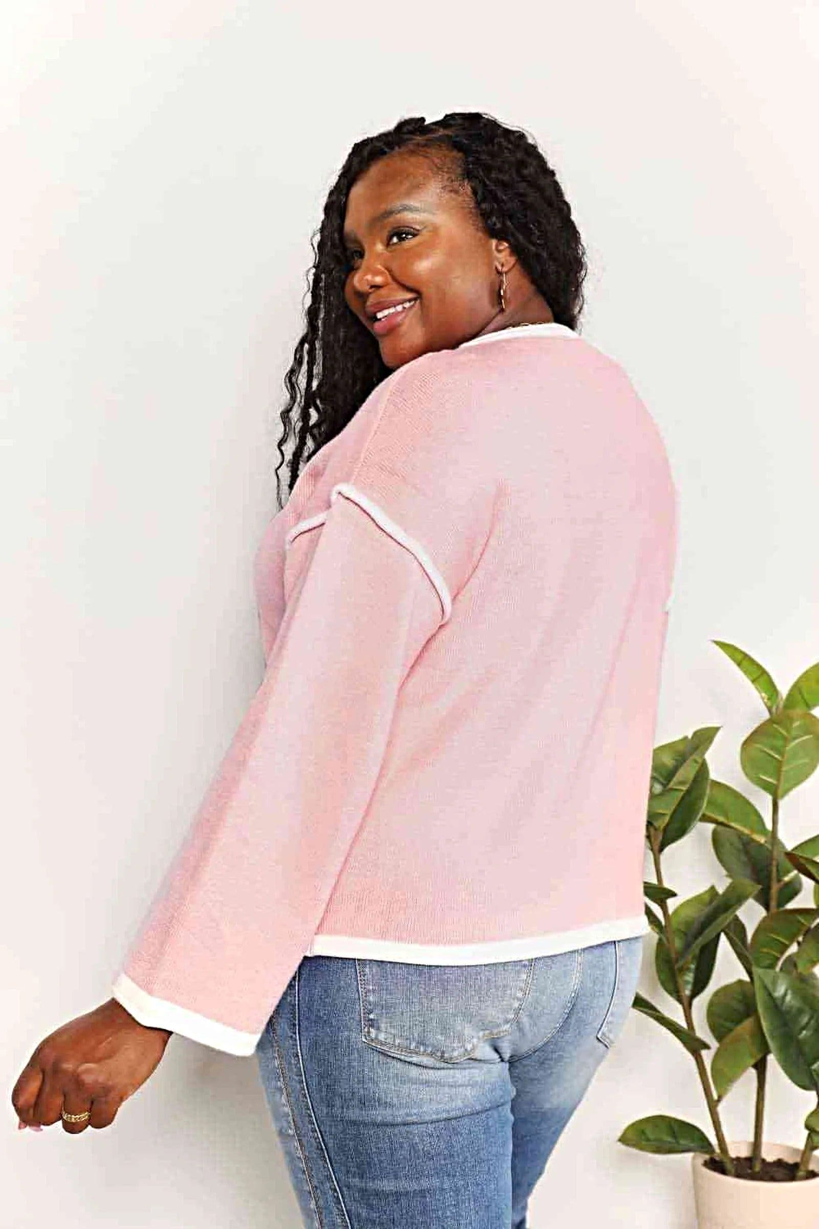 Double Take Contrast Detail Dropped Shoulder Knit Top -