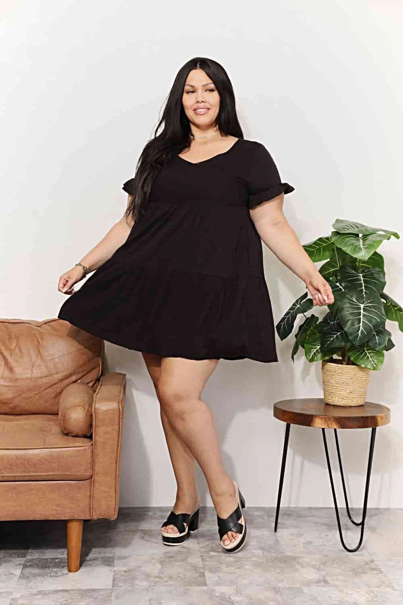 Double Take V-Neck Flounce Sleeve Tiered Dress -