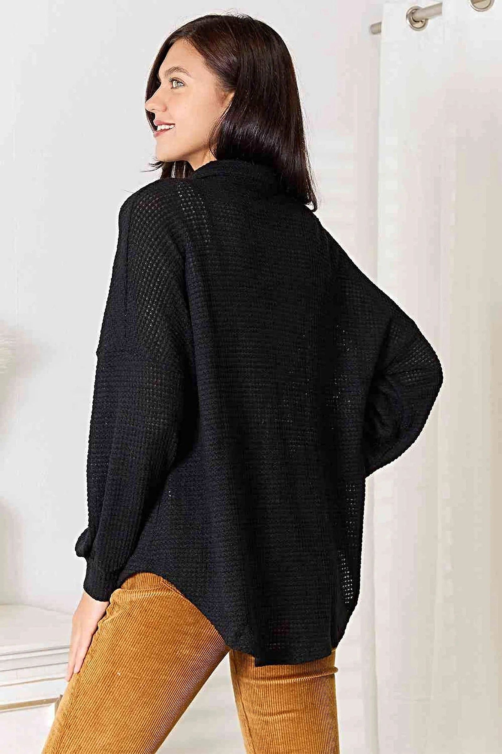 Double Take Waffle-Knit Collared Neck Dropped Shoulder Shirt Trendsi